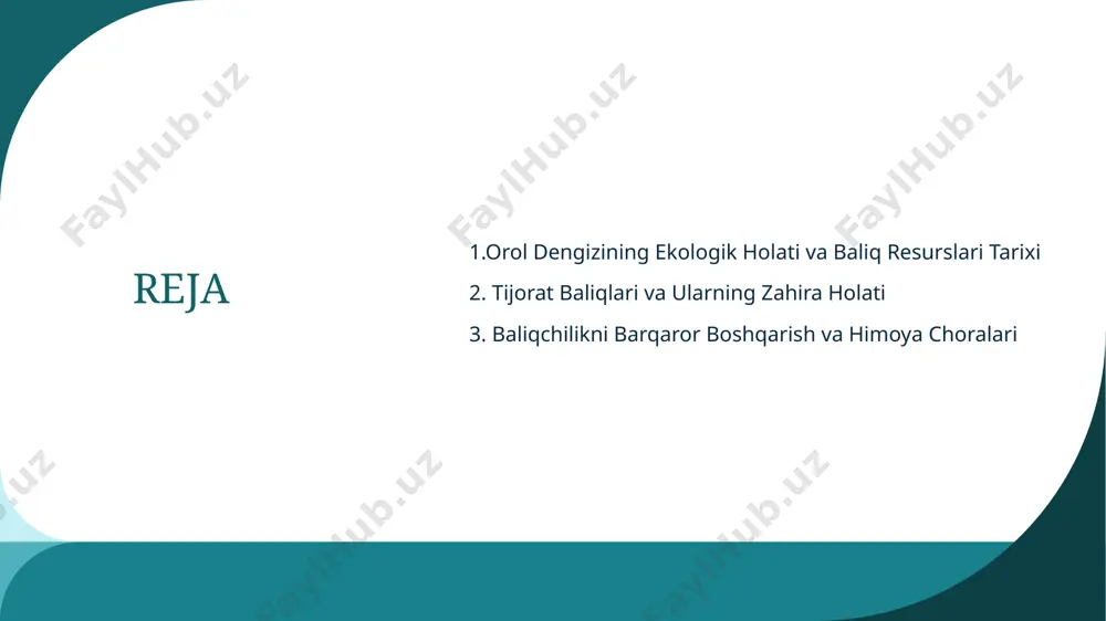 ahira holati 8 sazan baliqlari orol dengizida keng tarqalgan turlar bo‘lib, ular iqtisodiy foydali va oziq-ovqat uchun qimmatli manbadir. ammo, dengiz sho‘rlanishi sababli, ularning populyatsiyasi keskin kamaymoqda va ularning ovlanishi cheklangan. 8 baliq zahiralarining umumiy holati 9 orol dengizining baliq zahiralari hozirda keskin kamaygan. suv sho‘rlanishining ortishi va iqlim o‘zgarishi baliq turlarining yashash muhitiga ta’sir qildi. shuningdek, baliq ovlash cheklovlari va biologik himoya choralari resurslarni tiklashga yordam bermoqda. 9 baliqchilikka ta’sir qiluvchi omillar baliqchilikka ta’sir qiluvchi asosiy omillar - suvning sho‘rlanishi, ifloslanish va iqlim o‘zgarishi hisoblanadi. bu omillar baliqlar uchun hayotiy muhitni buzib, ularning populyatsiyasini kamaytiradi. 10 10 baliqlarni himoya qilish choralari 11 baliqlarni himoya qilish maqsadida baliq ovlash cheklangan va ba’zi hududlarda biologik himoya choralari amalga oshirilmoqda. bundan tashqari, suv resurslarini tozalash va tabiiy muhitni tiklashga yo‘naltirilgan loyihalar mavjud. 11 xalqaro hamkorlik va loyihalar 12 orol dengizini tiklash uchun xalqaro hamkorlik kuchaytirildi. donor davlatlar va xalqaro tashkilotlar tomonidan ko‘plab …