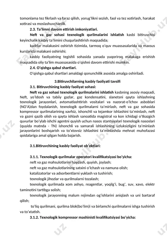 qurilmalariga texnik xizmat koʼrsatish; kompressor qurilmalarini taʼmirlash ishlarining olib borilishini nazorat qilish; kompressor qurilmalaridagi avariyalarini bartaraf qilish va normal ish rejimini tiklash; kompressor qurilmalari ishlashida texnologik buzilishlar, avariyalar va yongʼinlarning oldini olish boʼyicha profilaktik ishlarni bajarish; alohida turdagi uskunalarning ishlash rejimi va texnik holatini tekshirish; alohida turdagi qurilmalarga texnik xizmat koʼrsatish va taʼmirlashni (txvt) bajarishda yordamchi ishlarni bajarish. 3.2.3. texnologik nasoslar mashinisti kvalifikatsiyasi bo’yicha: yuqori malakali mashinist rahbarligida ishchi agentni haydovchi tn va nasos stantsiyasi jihozlariga texnik olatini tekshirish; ishchi agentni haydovchi ishlab chiqarish quvvati 1000 m3/s gacha boʼlgan tn va nasos stantsiyasi jihozlarining texnik holatini tekshirish; ishchi agentni haydovchi ishlab chiqarish quvvati 1000 m3/s gacha boʼlgan tn va nasos stantsiyasi jihozlariga xizmat koʼrsatish; ishchi agentni haydovchi ishlab chiqarish quvvati 1000 m3/s dan 3000 m3/s gacha boʼlgan tn va nasos stantsiyasi jihozlarini texnik holatini tekshirish; ishchi agentni haydovchi ishlab chiqarish quvvati 1000 m3/s dan 3000 m3/s gacha boʼlgan tn va …