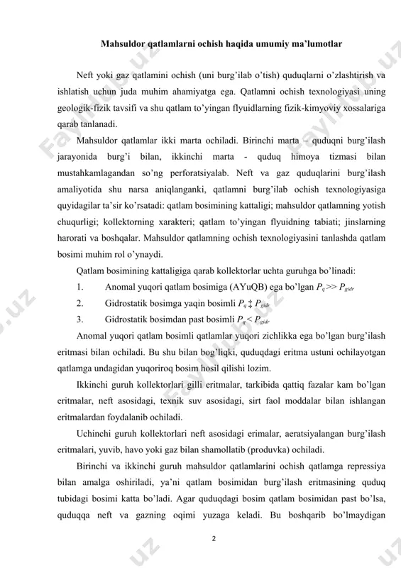 da yirik dispersli qo’shimcha qo’shish zarur. nisbatan mustahkam jinslardan (ohaktoshlar, dolomitlar, zichlashgan qumtoshlar va alevrolitlar) tashkil topgan qatlamni ochishda qo’shimchaning zarrachalarini diametri darzliklarni ochiqligidan 1/3 dan katta bo’lishi lozim. yumshoq jinslardan (gil, mergel) toshkil topgan qatlamni ochishdan avval burg’ilash eritmasiga zarralarining diametri 400 mkm dan kichik bo’lmagan qo’shimcha qo’shilishi lozim. 7. darzliklarning ochiqligi haqidagi ma’lumotlar bo’lmaganda qo’shimchaning dispersligi (zarrachalarning maksimal diametri) strukturaviymexanik xossalari bilan quduqlarni burg’ilash uchun uni burg’ilash eritmasida muallaq holda ushlab turish imkoni bilan aniqlanadi. 8. alohida darzliklarni berkitishga imkon yaratadigan sharoitlar hosil qilish uchun darzli turdagi qatlamlarni ochishdan avval burg’ilash eritmasiga yirik dispersli qo’shimchalarning umumiy hajmidan 30% dan kam bo’lmagan miqdorda kislotada eriydigan komponentlar qo’shish lozim. quduqlarni sinash va tadqiqot qilish quduqlarni sinash va tadqiqot qilish qatlamning to’yinganlik xarakteri va mahsuldorlik xossalarini aniqlash uchun potensial mahsuldor qatlamlardan qatlam suyuqliklari va gazlarini olish maqsadida amalga oshiriladi. geologik-qidiruv ishlarining quyidagi turlari ajratiladi: 1. mahsuldor bo’lishi mumkin bo’lgan (qgt ma’lumotlari …