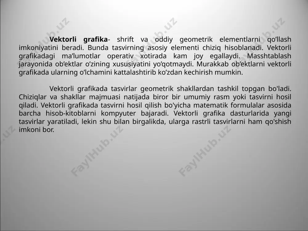 a spektrning bir qismi yutiladi. yutilmagan nur qaytadi va odam ko'ziga tushadi. cmyk modeli. ranglar moviy (cyan), pushti (magenta) va sariq (yellow) ranglar aralashmasidan paydo bo'ladi. ularning to'liq aralashmasidan qora (black) rang xosil bo'ladi. modelining tashkil etuvchilari 0 dan 100 gacha qiymat qabul qilishlari mumkin. cmyk modeli tasvirlarning fayl formatlari bmp bitmap gif graphics interchange format jpeg joint photographic experts group png portable network graphics tiff tagged image file format 7 png grafik format web – sahifalarda tasvir va grafiklarni joylashtirish uchun maxsus yaratilgan zichlashtirish formati bo’lib deflate zichlashtirish algoritmidan foydalanadi. bu format gif va jpeg formatlarining afzal­lik tomonlarini o’zida mujassamlashtirgan. tif grafik format aldus kompaniyasi tomonidan photostyler dasturi uchun ishlab chiqilgan bo’lib “tegni tasvirlaydigan fayl” ma`nosini angla­ta­di. bu grafik format etarlicha murakkab bo’lsa ham uning strukturasi ma`lumotlarni yozishning qulayligi va tasvirni kengaytirishda katta imkoniyat mavjud. tasvirning raqamli ma`lumotlarni ifodalovchi barcha axborotlar boshqa ko’pgina format fayllari singari uning boshlang’ich qismida …