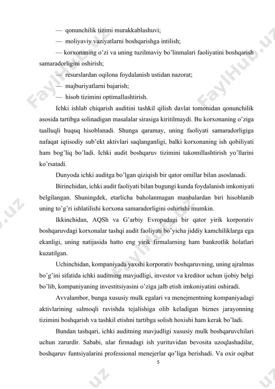 a umumiy qoidalar, ichki audit xizmatining asosiy vazifalari va funktsiyalari, ichki audit xizmatining huquq va majburiyatlari, ichki audit xizmatiga qo’yiladigan talablar, ichki audit xizmatining mustaqilligi va uni o’tkazish natijalari bo’yicha yig’ma hisobot tuzishga qo’yiladigan talablar, ichki audit xizmatining javobgarligi belgilab qo’yilgan. unga ko’ra; ichki audit deb korxona boshqaruvining ijro etuvchi organi va tarkibiy bo’linmalari tomonidan o’zbekiston respublikasi qonun hujjatlariga; ta’sis hujjatlariga va ichki hujjatlariga rioya qilinishini tekshirish va monitoring olib borish yo’li bilan ular ishini nazorat qilish va baholash, ma’lumotlarning buxgalteriya hisobi va moliyaviy hisobotda aks ettirilishni to’liqliligi va ishonchliligini ta’minlash, xo’jalik operatsiyalarini amalga oshirishning belgilangan qoidalari va taomillari, aktivlarining saqlanishi hamda korporativ boshqarish tamoyillari joriy etilishi bo’yicha korxona tarkibiy bo’linmasining (ichki audit xizmati) faoliyati. [footnoteref:1] [1: vazirlar mahkamasining 2006 yil 16 oktyabrdagi 215-son qarori bo’yicha “korxonalardagi ichki audit xizmati to’g’risida nizom” ] ichki audit xizmati - korxona kuzatuvchi kengashining qarori bilan tashkil etiladigan korxonaning ichki auditni amalga oshiradigan tarkibiy …