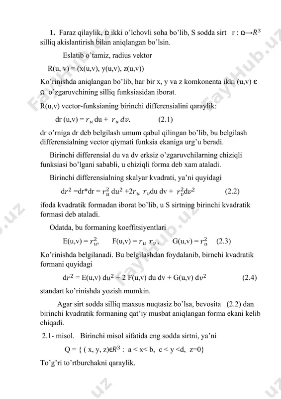 ni hisoblash uchun (4.6) formuladan foylalanamiz silindirni {ϕ = 0, = r } to’gri chizziq bo’ylab kesib, silindrik koordinatalarga o’tamiz. agar = r va tenglikni va yon sirtida ekanini xisobga olsak, = dσ(x, y, z) = rdϕdz = = = tenglikka ega bo’lamiz. shuday qilib, i = + 𝝅h . xulosa kurs ishimni yozish mobaynida men juda ko’p ma’lumotlarga ega bo’ldim, bilgan bilimlarimni takrorlab mustahkamlab oldim. bundan tashqari sirtning birinchi kvadratik formasi, haqida bilib oldim. sirtning birinchi kvadratik formasi to’g’risida chuqur bilim va ko’nikmalarga ega bo’ldim. oliy ta’lim muassasalarida matematik analiz kursini o’qitish jarayonida sirtning birinchi kvadratik formasi mavzusini o’rganishda talabalar faolligini oshirishni shakllantirishda dastlab nazariy tushunchalar, ta’riflar ustida ishlash, umumlashtirish tadbiq etish hamda ularning qo’llanilishiga doir misol masalalarni yecha olishga o’rgatish muhim o’rinni egallaydi. talabalar faolligini oshirish uchun sirtning birinchi kvadratik formasi mavzusiga doir misol bajarish asosida o’rgatish, ular yordamida tahlil qilish, tadqiqot o’tkazish ularning mantiqiy matematik faoliyat tadbiqlarini …