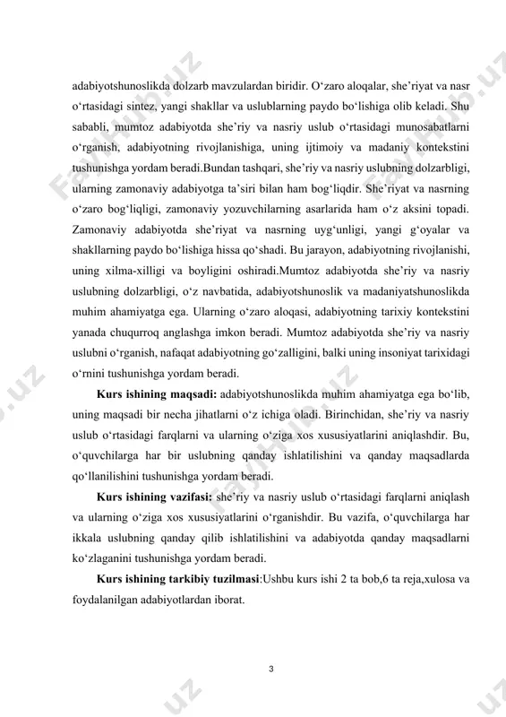 nafaqat adabiyotning go‘zalligini, balki uning insoniyat tarixidagi o‘rnini tushunishga yordam beradi. kurs ishining maqsadi: adabiyotshunoslikda muhim ahamiyatga ega bo‘lib, uning maqsadi bir necha jihatlarni o‘z ichiga oladi. birinchidan, she’riy va nasriy uslub o‘rtasidagi farqlarni va ularning o‘ziga xos xususiyatlarini aniqlashdir. bu, o‘quvchilarga har bir uslubning qanday ishlatilishini va qanday maqsadlarda qo‘llanilishini tushunishga yordam beradi. kurs ishining vazifasi: she’riy va nasriy uslub o‘rtasidagi farqlarni aniqlash va ularning o‘ziga xos xususiyatlarini o‘rganishdir. bu vazifa, o‘quvchilarga har ikkala uslubning qanday qilib ishlatilishini va adabiyotda qanday maqsadlarni ko‘zlaganini tushunishga yordam beradi. kurs ishining tarkibiy tuzilmasi:ushbu kurs ishi 2 ta bob,6 ta reja,xulosa va foydalanilgan adabiyotlardan iborat. i.bob. mumtoz adabiyotda she'riy uslubning xususiyat- lari va rivojlanishi. 1.1.mumtoz adabiyotda she'riy uslubning o‘ziga xosligi. mumtoz adabiyotning eng o‘ziga xos jihatlaridan biri, albatta, uning she'riy uslubi va uning rivojlanishidir. she'riy uslub adabiyotning juda muhim bir qismidir va uning asosiy xususiyatlarini tushunish, mumtoz adabiyotning chuqur mohiyatini anglashga yordam beradi. …