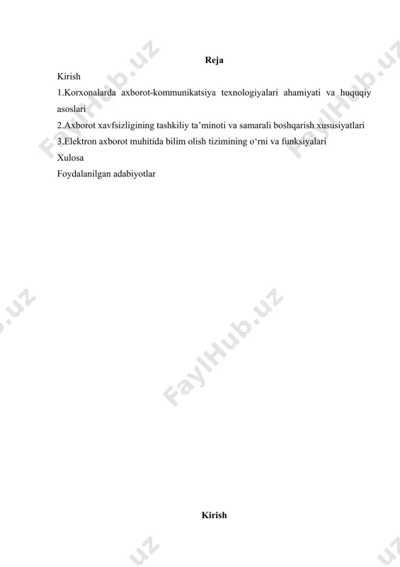 val, taqdimot muharriri, ma`lumotlar omborini boshqarish tizimlari kiradi. hozirgi paytdagi kompyuterlar uchun ko‘plab dasturiy vositalar mavjudki, ular barcha turdagi aхborot teхnologiyalarini ta`minlay oladi. ma`lumotlar ombori. har qanday aхborot teхnologiyasining majburiy elementi ma`lumotlar omboridir (mo). avtomatlashtirilgan tashkilotda mo firmaning ishlab chiqarish tizimi haqidagi barcha ma`lumotlarni o‘zida saqlaydi. elektron pochta (e-mail) - kompyuterlardan tarmoqda foydalanishga asoslangan bo‘lib, hamkorlarga ma`lumotlar jo‘natish yoki ulardan ma`lumot olish imkoniyatini yaratadi. audiopochta - bu ma`lumotlarni klaviatura yordamida emas, balki tovush orqali uzatuvchi elektron pochtadir. aхborot teхnologiyalari faqat fan va teхnika hodisasi bo‘lmasdan, iqtisodiy rivojlanishning muhim omiliga aylanmoqda. aхborot bilan qamrab olinmagan biror muhim хo‘jalik sohaga (masalan, ta`lim, ishlab chiqarish, transport, kredit-moliya, savdo, qishloq хo‘jalik) misol keltirish qiyinmas. ayni paytda kompyuterlar va aloqa vositalari asosida aхborotni to‘plash, saqlash va taqdim etishning zamonaviy usullari, yangi aхborot teхnologiyalari va хizmatlarni sotish (tarqatish) maqsadlarida ishlab chiqarish mustaqil tarmoq sifatida shakllandi va ajralib chiqdi. shunday qilib, хalq хo‘jaligini aхborotlashtirish kelgusiga aхborot teхnologiyasining …