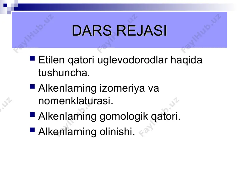 н2 geometrik yoki fazoviy izomeriya 2-buten molekulasida qo`shbog` borligi sababli, gruppa o`z o`qi atrofida bemalol aylana ojmaydi. shuning uchun metil gruppalar fazoda ikkita har xil holatda joylashishi mumkin geometrik izomeriya (с4н8) agar izomer molekulasidagi almashuvchi gruppalar qo`shbog`ning bir tomonida bo`lsa sis- izomer, agar har xil tomonda bo`lsa trans-izomer deb ataladi. 1 4 1 н 2 3 2 3 с = с с = с 4 н н н sis-buten-2 trans-buten-2 н3с сн3 н3с сн3 geometrik izomeriya (с4н8) alkenlarni fizik xossasi alkenlar suvda yomon eriydi, organik erituvchilarda yaxshi eriydi. с2– с4 - gaz с5– с16 - suyuq с17… - qattiq moddalar alkenlarning gomologik qatorida molekulyar massalari ortishi bilan ularning qaynash harorati hamda eruvchanligi ortib boradi. alkenlarni laboratoriyada olinishi monogalogenli hosilalarga ishqorning spirtdagi eritmasi ta`sir ettirilib alkenlar olinadi. н3с ─ сн2─ снсl ─ сн3 + кон  н3с ─ сн ═ сн ─ сн3 + ксl + н2о 2-хлорбутан бутен-2 etil spirtini …