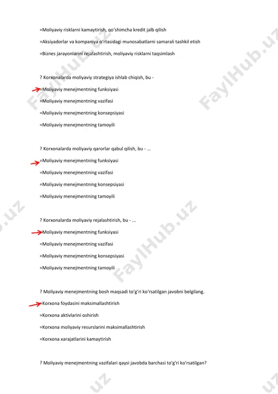 стрелка shacsim_systems© стрелка shacsim_systems© стрелка shacsim_systems© стрелка =moliyaviy resurslarni shakllantirish, moliyaviy resurslarni taqsimlash, moliyaviy risklarni minimallashtrish =moliyaviy risklarni boshqarish, aktivlarni boshqarish, kapitalni boshqarish =pul oqimlarini boshqarish, inqirozga qarshi moliyaviy boshqarish, investitsiyalarni boshqarish =kapitalni boshqarish, aktivlarni boshqarish, moliyaviy tahlil, moliyaviy nazorat ? korxona moliyaviy barqarorligini ta'minlash, bu - ... =moliyaviy menejmentning vazifasi =moliyaviy menejmentning funksiyasi =moliyaviy menejmentning konsepsiyasi =moliyaviy menejmentning tamoyili ? moliyaviy munosabatlar bu: =sub’ektlar o‘rtasidagi pulli munosabatlar =tovarlarni chegaralardan olib o‘tish =tovarlar kirib kelishini soliq va bojxona orqali tartibga solish =xalqaro moliya institutlarining tashkil etilishi ? korxona faoliyat yuritishi uchun iqtisodiy, siyosiy, ijtimoiy, huquqiy, texnologik va boshqa sharoitlar majmuasi qanday muhitni oʻzida ifodalaydi? =tashqi muhit =xalqaro muhit =ichki muhit =sotsiologik muhit ? biznes egasining agenti sifatida mulkdor manfaatlari uchun faoliyat yurituvchi shaxs? moliyaviy menejer =buxgalter =ta’minotchi shacsim_systems© стрелка shacsim_systems© стрелка shacsim_systems© стрелка shacsim_systems© стрелка shacsim_systems© стрелка =injener =kadr ? foydani, aksiya kursini va biznes qiymatini maksimallashtirish, aksiyaga toʻgʻri keladigan …