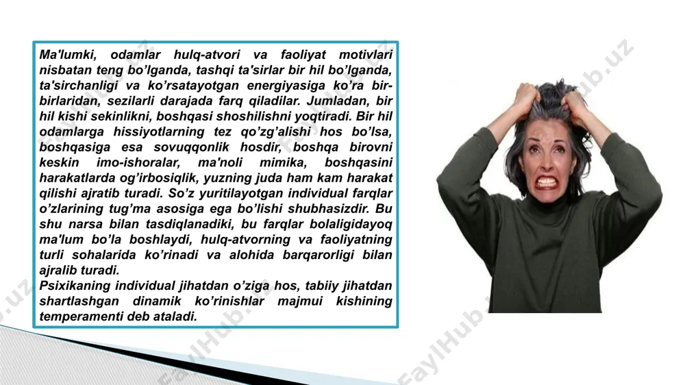 holda namoyon bo’ladi. bu jarayonni biz temperamentning voyaga yetishi deb ataymiz. yoshlar kasb tanlayotganda temperament xususiyatlari hisobga olinishi lozim. masalan, hozirgi zamon texnikasida melanxologik uchun kiruvchi samolyotda uchuvchi bo’lish nihoyatda kiyin yoki bunday kishilarga to’satdan paydo bo’ladigan avariya havfi o’z vaqtida reaktsiya qilishi lozim bo’lgan murakkab energo-sistemalarda ishlash og’irlik qiladi. odamning psixik xususiyatlariga nisbatan faoliyatning shunday yo’l bilan tanlashni kasbga yo’naltirish deb ataladi. temperament tiplari xususiyatlarini mumkin qadar o’quvchilar tarbiyasi jarayonida ham hisobga olish zarur. masalan, melanxolik o’quvchini harakatlari uchun keskin koyish uning ruhini tushurib yuboradi. o’ziga ishonmasligini yana orttirib yuboradi va o’z kuchiga shubha bilan qaray boshlaydi. yuqoridagi usullarni sangvinikka nisbatan ishlatib bo’lmaydi. chunki u boshidan kechirgan ko’ngilsiz voqealarni tez esdan chiqarib yuborishi va o’z kuchi, qobilyatlariga ortiqcha baho berishga moyildir, salbiy bahoga nisbatan qattiqlik va talabchanlik unga ijobiy ta’sir ko’rsatishi mumkin. temperament xususiyatini hisobga olgan holda huddi shunday individual munosabatda bo’lish mehnatni tashlil qilishda, sportchilarning mashqlarida va faoliyatnng …
