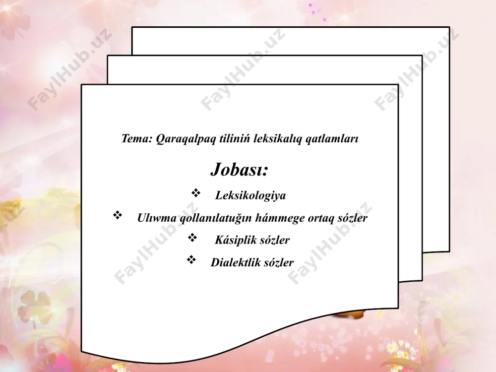 ılıp júrgen sózler hár túrli jollar menen jańa sózlerdi payda etedi. mısalı: túbir sózlerge sóz jasawshı qosimtalar qosılıw arqalı (suw-shı, bas- shı-lıq, basla-ma, bas-pa-xana), sózlerdiń birigiwi (jarganat, qolgap, xojeli, búgin, isbilermen t.b.), sózlerdiń juplasıwı (qawın-qámek, úyir-úyir t.b.), sózlerdiń dizbeklesiwi (on jıllıq, qara úy t.b.) arqalı sózler jasalıp, tildiń leksikası bayıp baradı.tildiń sóz baylığı basqa tillerdiń tasiri arqalı bayıydı. házir ádebiy tildiń leksikasında rus tili hám basqa tillerden kirgen sózler ádewir qollanıladı. ’. ulıwma qollanılatuğın hámmege ortaq sózler ádebiy tilde qollanılatuğın sózlerdiń kópshiligi hámmege túsinikli uliwma ortaq sozlerdi quraydı. mısalı: jer, suw, togay, kól, aspan, juldız, uzın, qara, ket, házir t.b. sıyaqlı sözler bir tilde sóyley- tugın yamasa bir-birine jaqın tuwısqan tillerde sóyleytuğın xalıqlarga túsinikli uliwma ortaq sóz bolıp keń qollanıladı. bunday sózlerdiń toparı ulıwma qollanıwshı ortaq sózler dep ataladı. tildegi kóp qollanılatugın hammege ortaq sózlerdi ádebiy tildiń leksikalıq birlikleri quraydı. onın quramına bir mánili hám kóp mánili sózler, tariyxıy hám …