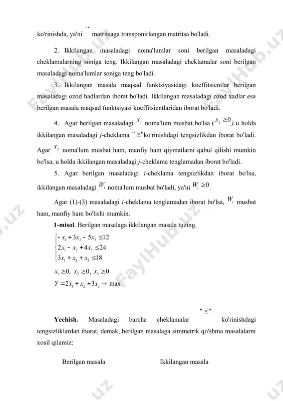 uvchi element element sifatida ni olamiz, chunki ikkinchi ustunning boshqa elementlari manfiy. endi jordana-gauss almashtirishlarini shu elementga nisbatan amalga oshiramiz, ya’ni xal qiluvchi satr elementlarini xal qiluvchi elementga bo‘lamiz: bazis 0 0 4 0 1 0 0 3 0 0 8 1 1 0 0 2 0 9 so‘ngra xal qiluvchi ustunning qolgan elementlarida nollarni hosil qilamiz. natijada quyidagi yangi jadvalni hosil qilamiz: jadval 2. bazis 0 0 4 0 1 0 5 1 0 0 10 1 11 0 0 0 11 yangi bazis yechim (reja) bo‘ladi, ning qiymati . - satrda manfiy elementlar yo‘qligini ko‘ramiz. bu esa dan yaxshiroq bazis yechim yo‘qligini ko‘rsatadi. demak, optimal yechim bo‘ladi va . vector va matritsani tuzamiz. oxirgi simpleks jadvalida (2-jadval) bazis o‘zgaruvchilar va shuning uchun maqsad funksiyasining bu bazis o‘zgaruvchilarga mos keluvchi koeffitsientlardan tuzilgan vektor bo’ladi. xuddi shunday, dastlabki simpleks-jadvalida va bazis o‘zgaruvchilar ustunlarining elementlaridan tuzilgan matritsa bo’ladi. endi matritsaga teskari …