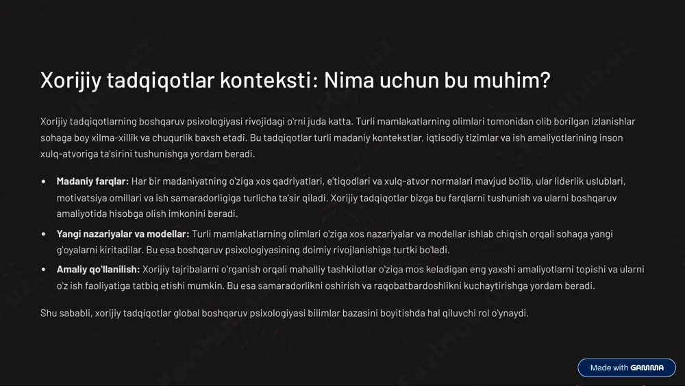 ing yondashuvi psixologik omillarga bevosita e¾tibor bermasa-da, tashkiliy tuzilma va jarayonlarning inson xulq-atvoriga ta¾sirini bilvosita tan oldi. https://gamma.app/?utm_source=made-with-gamma ilk psixologik yondashuvlar: elton mayo va gumanistik maktab elton mayo (1880-1949) va uning xotorn tadqiqotlari (hawthorne studies) boshqaruv psixologiyasida burilish nuqtasi bo»ldi. ular ish muhitining fizik sharoitlaridan ko»ra, ijtimoiy va psixologik omillarning ishchilarning samaradorligiga ko»proq ta¾sir qilishini ko»rsatdi. xotorn effekti: mayo va uning jamoasi tadqiqotlarida kuzatuv ostida bo»lgan ishchilarning samaradorligi, ularga ko»rsatilgan e¾tibor tufayli, ish sharoitlari o»zgarmasa ham oshganligini aniqladi. bu kashfiyot ish joyidagi ijtimoiy munosabatlar va rahbariyat e¾tiborining psixologik ahamiyatini ko»rsatdi. gumanistik maktabning paydo bo»lishi: mayo tadqiqotlari natijasida boshqaruvning gumanistik maktabi shakllandi. bu maktab tashkilotlarda inson omilini, uning ehtiyojlari, motivatsiyalari va ijtimoiy o»zaro munosabatlarini markazga qo»yadi. u taylorning "ilmiy boshqaruv" yondashuviga qarama-qarshi bo»lib, ishchilarni mexanik resurs sifatida emas, balki murakkab psixologik ehtiyojlarga ega shaxslar sifatida ko»rishga chaqiradi. "xotorn tadqiqotlari shuni ko»rsatdiki, inson tashkilotida ishchilarning motivatsiyasi va samaradorligi uchun nafaqat moddiy rag»batlantirish, …