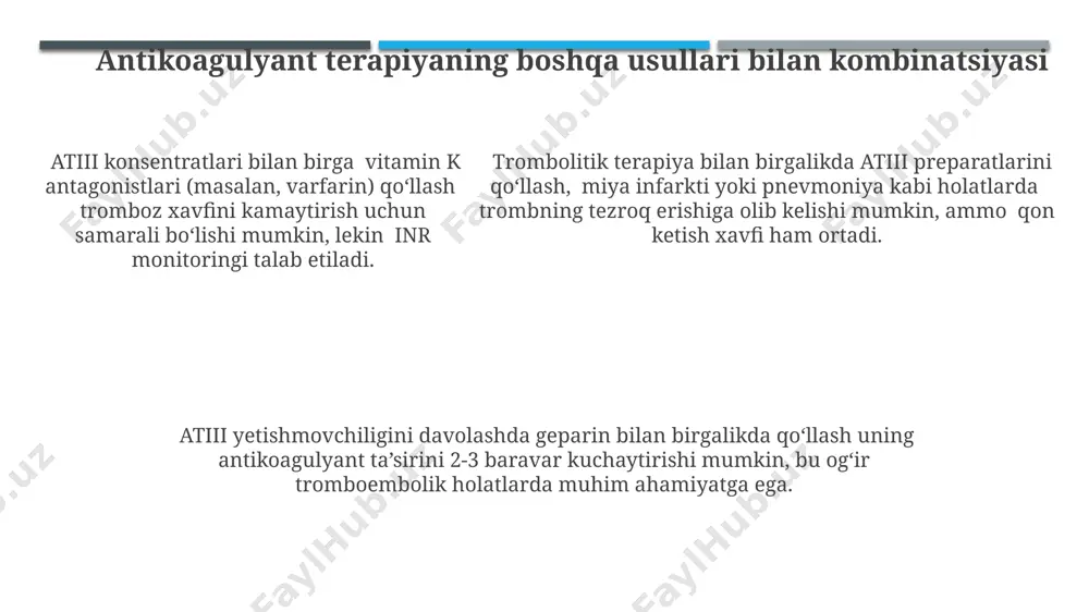 ga qaratilgan tadqiqotlarning soni 20% ga oshishi kutilmoqda. antitrombin iii tanqisligining klinik ko'rinishlari tug'ma antitrombin iii tanqisligi chaqaloqlarda o'murtqa qon tomirlarining trombozi va neonatal davrda og'ir trombozlar bilan namoyon bo'lishi mumkin, bu esa yuqori mortalitega olib keladi. antitrombin iii tanqisligi bilan og'rigan bemorlarda tromboz xavfi 5-10 baravar yuqori bo'lib, yoshga bog'liq vena tromboembolizmi, arterial tromboz va takroriy homiladorlik yo'qotilishi bilan namoyon bo'ladi. antitrombin iii tanqisligi bilan og'rigan bemorlarda tromboz xavfi 5-10 baravar yuqori bo'lib, yoshga bog'liq vena tromboembolizmi, arterial tromboz va takroriy homiladorlik yo'qotilishi bilan namoyon bo'ladi. antitrombin iii tanqisligining sabablari antitrombin iii darajasini pasayishiga olib keladigan orttirilgan omillar orasida jigar kasalliklari (masalan, siroz, gepatit), buyrak etishmovchiligi va ba'zi dori-darmonlarning yon ta'siri kiradi. tromboplastin va faollashtirilgan vii omil ko'payishi natijasida yuzaga keladigan dissemine qon ivish sindromi (di̇ks) kabi holatlar antitrombin iii ning tez sarflanishiga olib keladi va shu bilan uning faolligini pasaytiradi. antitrombin iii tanqisligining 5-10% hollari irsiy mutatsiyalar bilan …