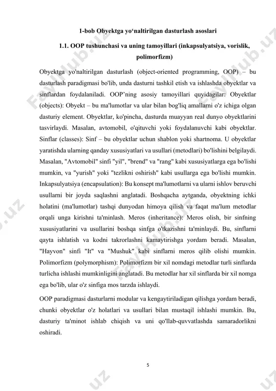 yatlarni va metodlarni qo'shish oson va tuzatishni ta'minlaydi. c. qayta ishlash osonligi: kodni qayta ishlash va boshqa dasturlar bilan integratsiya qilish oson bo'lib, dasturni o'zgartirish va kengaytirish imkonini beradi. d. xavfsizlik: encapsulation va nasl asoslari, obyektlarning ichidagi malumotlarni himoyalashni va o'zgartirishni qavatlovchi sifatda ishlatiladi. e. tuzatilishning tezligi: klasslar va obyektlar, tasvirlangan narsalar va xizmatlar uchun model yaratishda yordam beradi, shuningdek, dastur tuzilishini osonlashtiradi. f. kodni qulaylik: oyd, kodni tuzatish, boshqarish va o'zgartirishda kodni qulaylik ta'minlaydi. dasturchilar qulaylik bilan kodni tuzatishadi. obyektga mo‘ljallangan dasturlar yaratish, dastur yaratishda obyektga mo‘ljallangan modellarni yaratishga asoslangan. obyektga mo‘ljallangan dasturlar yaratish deganda biz: dasturiy sistemalarni yaratishdagi obyektga mo‘ljallangan metodologiyani; bu texnologiyani qo‘llovchi instrumental vositalarni tushunamiz. obyektga mo‘ljallangan dasturlar yaratish dasturiy vositalarni yaratishning hayotiy tsiklining birinchi boskichidayok qo‘llanilishi mumkin va u dasturlash tillariga bog‘lik emas. yaratish jarayonida obyektlar-bu formal konstruktsiyalar bo‘lib (masalan, burchaklari yoydan tashkil topgan to‘rtburchaklar) ularni obyektlar aks ettiradi. obyektga mo‘ljallangan dasturlash yaratish demak obyektga …