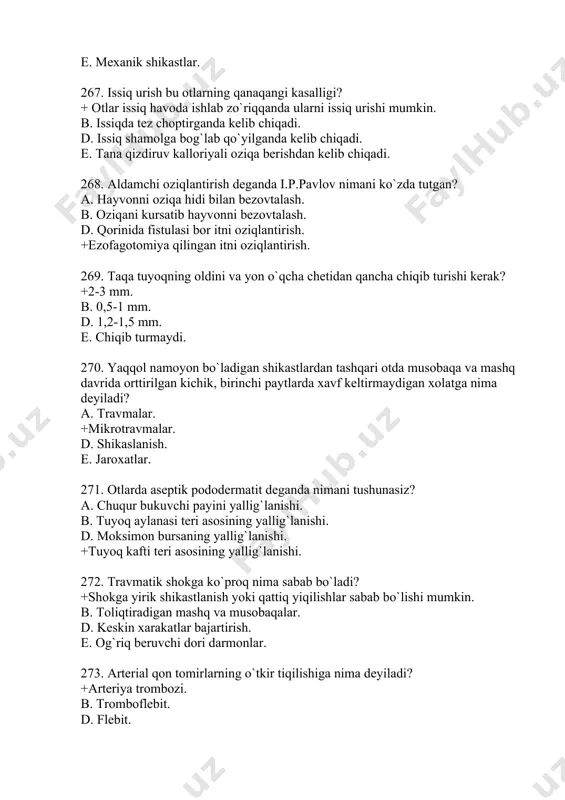 qon tomirlarning o`tkir tiqilishiga nima deyiladi? +arteriya trombozi. b. tromboflebit. d. flebit. e. to`g`ri javob yo`q. 274. miokardit qaysi organning yallig`lanishi? a. to`g`ri javob yo`q. b. yurak pardasining yallig`lanishi. d. yurak klapnlarining yallig`lanishi. +yurak muskulining yallig`lanish natijasida zararlanishi. 275. yallig`lanishsiz kechadigan miokard kasalligi, miokardning qisqarish funksiyalar pasayishiga olib keladigan distrofik jarayonlar kechishi bilan xarakterlanadigan kasallikni ko`rsating? a. miokardit. +miokardoz. d. perikardit. e. yurak yetishmovchiligi. 276. travmatik va notravmatik tabiatli yurak tashqi pardasining yallig`lanishiga nima deyiladi? +perikardit. b. miozit. d. miokardit. e. miokardoz. 277.taqalanmaydigan otlar tuyoqlari qancha vaqtda qirqib, tozalanishi lozim? a. o`sib ketishi bilan. b. 39-40 kunda. d. 29-30 kunda. +37-42 kunda. 278. taqalar nechta o`lchamga bo`linadi? a. 8. b. 10. +11. e. 13. 279. oshqozon harakatiga simpatik nervi qanday ta`sir ko`rsatadi? a. tezlashtiradi. + to`xtadi d. titanik qisqarish chaqiradi. e. bo`sh oshqozonni harakatini tezlashtiradi. 280. tilni ta`m biluvchi so`rg`ichlari? a. ipsimon, naysimon, konussimon. b. konussimon, zamburug`simon. d. naysimon, novsimon. …