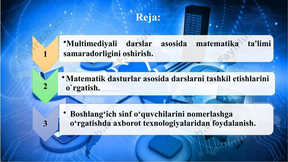 siyalar ko‘magida boshqara oladi; ta‘lim tizimi sifati va samaradorligini oshirishning asosiy usullaridan biri o’quv jarayonida zamonaviy axborot kommunikasion texnologiyalarni, shu jumladan multimediyali o‘quv kurslarini qo‘llash, o‘qituvchi va o‘quvchining interfaol o‘zaro aloqalarini ta‘minlash, multimediali o‘quv kurslari va darsliklarini ishlab chiqishda yuqori malakali kadrlarni jalb etishdan iborat bo‘ladi. multimedia axborotlarni har xil ko‘rinishlarda tasvirlash va dinamik obrazlarini yaratish, uni ko‘rish va eshitish organlari orqali qabul qilish va tasavvur etish imkoniyatlarini yaratadi. interaktiv doska ta’lim jarayoniga elektron o‘quv va multimedia materiallarni olib kirish uchun samarali vositadir. katta ekranga ya’ni elektron doskada axborotlarni yaxshi qabul qilishlari hisobiga o‘quvchilarning fikrlash qobiliyati oshadi. o‘quvchilar mustaqil ishlaydilar, sinfdoshlari va o‘qituvchilari bilan birga fikrlaydilar. dars jarayonidagi ushbu hamfikrlilik muhiti o‘quvchilarning sinfdoshlari orasida mavqei va o‘ziga nisbatan ishonchining ortishiga sabab bo‘ladi. o‘quvchilarning fanga qiziqishlari kuchayib, o‘quv materiali tez yodda saqlanadi. o’quv jarayonida atdan foydalanishning metodik maqsadga muvofiqligi atning imkoniyatlarini hisobga olib, undan foydalanishning asosiy yo‘nalishlariga to‘xtalamiz: 1) turli shakllardagi …
