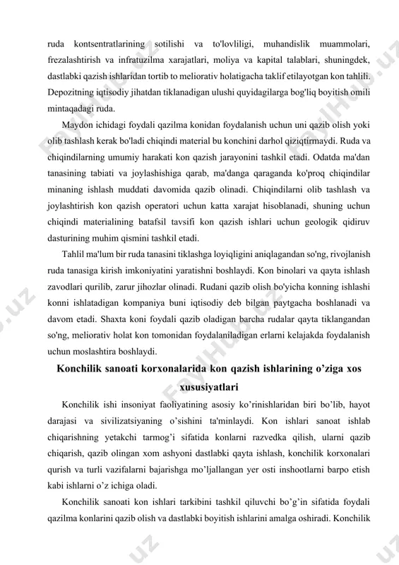 nish uchun moslashtira boshlaydi. konchilik sanoati korxonalarida kon qazish ishlarining o’ziga xos xususiyatlari konchilik ishi insoniyat faoliyatining asosiy ko’rinishlaridan biri bo’lib, hayot darajasi va sivilizatsiyaning o’sishini ta'minlaydi. kon ishlari sanoat ishlab chiqarishning yetakchi tarmog’i sifatida konlarni razvedka qilish, ularni qazib chiqarish, qazib olingan xom ashyoni dastlabki qayta ishlash, konchilik korxonalari qurish va turli vazifalarni bajarishga mo’ljallangan yer osti inshootlarni barpo etish kabi ishlarni o’z ichiga oladi. konchilik sanoati kon ishlari tarkibini tashkil qiluvchi bo’g’in sifatida foydali qazilma konlarini qazib olish va dastlabki boyitish ishlarini amalga oshiradi. konchilik sanoati mamlakat xalq xo’jaligiga yoqilg’i (ko’mir, yonuvchi slanetslar, torf, neft, tabiiy gaz), qora, rangli va radioaktiv metallar rudalari, kon-kimyo xom ashyolari, qurilish materiallari va boshqa xom ashyolarini yethazib beradi. yuqorida sanab o’tilgan xom ashyo va minerallarning dunyo miqiyosida qazib chiqarish, ekspertlar hisobi bo’yicha 160-180 mlrd. tonna kon massasini tashkil qiladi. hozirgi vaqtda har yili yer ostidan 8 mlrd. tonna yoqilg’i, 570 mln.t qora …