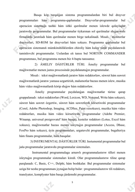 ion (ámeliy) sisteması. microsoft korporaciyasi tárepinen usınıs etilgen operacion sistema. ms-dos dıń birinshi markası 1981 - jılda payda bolǵan. eń dáslep, microsoft kompaniyası tárepinen ibm ushın islep shıǵılǵan ms-dos, ibm - uyqas kompyuterler ushın standart operacion sistema bolıp tabıladı. ms-dos 16 -xanalı operacion sisteması bolıp, ol kópfoydalanıwshı hám kóp máselelerdi qollap-quwatlay almaydı. operacion sistemanıń zárúrli qásiyetlerinen biri qánige bolmaǵan paydalanıwshılarǵa ámeliy processlerdi orınlawdıń qolay formaların usınıs qılsa, qánigelerge programmalıq támiynattı islew ushın jaqsı tiykar usınıs etedi. ms-dos kataloglar shejiresin quraydı, rawajlanǵan buyrıqlar tiline iye. ms-dos ámeliy processler, fayllar hám sırtqı qurılmalar menen nátiyjeli isley aladı. linux operacion (ámeliy) sisteması. unix operacion sisteması tiykarında islengen, tarmaq operacion sisteması. linux eń dáslep 1991-jılı linius torvalds tárepinen shıǵarılǵan. linuxtiń zárúrli qásiyetlerinen biri - ol biypul programmalıq támiynat fondı sheńberinde, gnu licenziyasına kóre biypul tarqatıladı. tiykarınan, internette hám intratarmaqlarda serverler jaratıw ushın qollanıladı. unix operacion (ámeliy) sisteması. bell laboratory tárepinen jaratılǵan tarmaq operacion sisteması. …