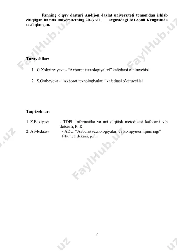оliyat sоhаsi еhmlаr vujudgа kеlishi bilаn yanаdа kеngаydi. yuqоridаgi fikrlar “c++ dasturlash tili” fаnining аsоsiy mаzmunini bеlgilаshga yordam beradi. “c++ dasturlash tili” fani tanlov fanlar blokiga kiritilgan kurs hisoblanib, 3 – kurslarda oʽqitilishi maqsadga muvofiq. “c++ dasturlash tili” fani “informatika oʽqitish metodikasi” ta’lim yoʽnalishida oʽqitiladi. mazkur fan algoritmlar fanining nazariy va uslubiy asosini tashkil qilib, oʽz rivojida aniq va tabiiy fanlar uchun zamin boʽlib xizmat qiladi. ii. o'quv fanining maqsadi va vazifasi "c++ dasturlash tili" fanini o'qitishdan maqsad - talabalarga dasturlashning ilmiy- nazariy asoslarini, informatika o'qituvchisining kasbiy sohasida egallashi lozim bo'lgan bilimlar, amalda qo'llash uchun ko'nikma va makalalarni shaklantirish hamda rivojlantirishdan iborat. ushbu maqsadga erishish uchun fan talabalarni ob'ektga yo'naltirilgan c++ dasturlash tilida ishlash, amaliy masalalarga dasturlar tuzishga oid nazariy bilimlar, amaliy ko'nikma va malakalarini shakllantirish vazifalarini bajaradi. fan bo'yicha talabalarning bilim, ko'nikma va malakalariga quyidagi talablar qo'yiladi.talaba: · ob'yektga yo'naltirilgan c++ dasturlash tilining nazariy asoslari, ob'yektlarni loyihalash, matematik va …