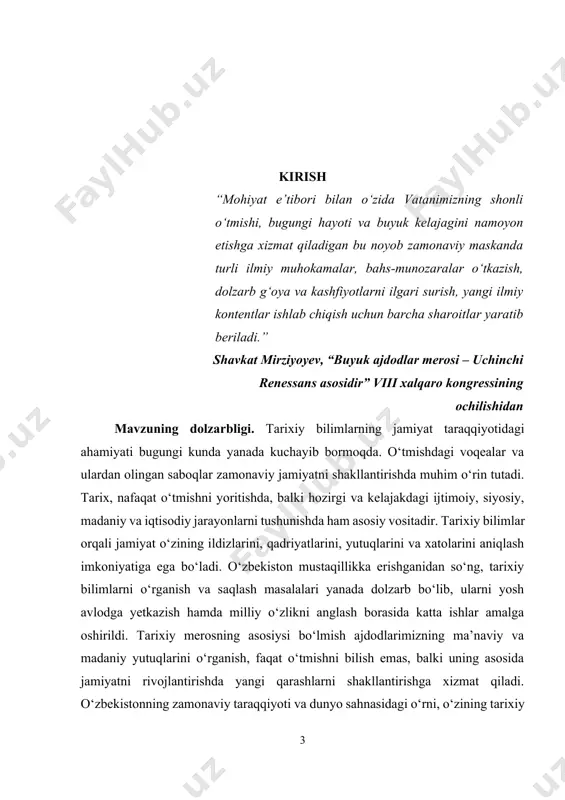 bo‘lgan qadriyatlar shakllanadi. bularning barchasi jamiyatning barqaror rivojlanishi va kelajagi uchun zarur. tarixiy bilimlarning jamiyat taraqqiyotiga ta’siri keng miqyosda o‘z ifodasini topadi. o‘tmishdan olingan saboqlar va tajribalar orqali jamiyatning siyosiy tizimi, iqtisodiyoti, madaniyati va ijtimoiy tuzilmalari yaxshilanadi. tarixni o‘rganish orqali jamiyat o‘z kelajagini yanada yaxshilash imkoniyatiga ega bo‘ladi. shu bois, o‘tmish haqidagi tarixiy bilimlar nafaqat ilmiy va tarixiy nuqtai nazardan, balki amaliy hayotda ham dolzarb ahamiyat kasb etadi. ular jamiyatning ma’naviy va ijtimoiy rivojlanishida, global taraqqiyotda o‘zining muhim o‘rnini topadi. o‘tmish haqidagi tarixiy bilimlar va ularning jamiyat taraqqiyotidagi ahamiyati bugungi kunda dolzarb bo‘lib, har bir jamiyatning taraqqiyotida ulkan rol o‘ynaydi. bu ilmni to‘g‘ri o‘rganish va o‘rganish jarayonini samarali tashkil etish orqali, jamiyatni yangi yutuqlarga erishishga undash mumkin. bu jarayonning muvaffaqiyatli amalga oshirilishi, kelajakda yaxshilangan siyosiy, iqtisodiy va madaniy rivojlanishga olib keladi. kurs ishining maqsadi. o‘tmish haqidagi tarixiy bilimlarning jamiyat taraqqiyotidagi ahamiyatini chuqur o‘rganish va tahlil qilishdan iboratdir. o‘tmishdagi voqealar va …
