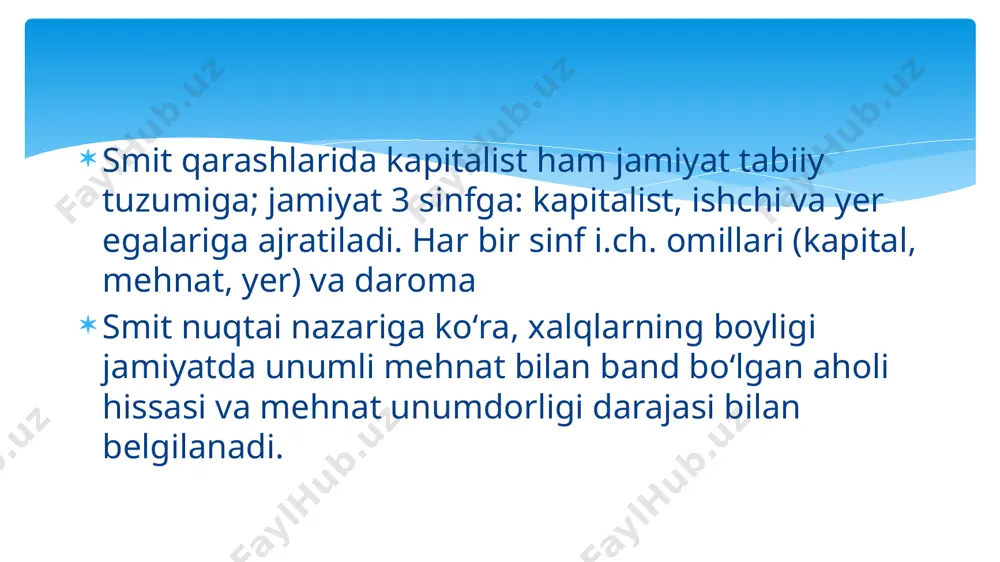 ik taraqqiyotining tarixiy bosqichlari to'g'ri­sidagi g'oyalar katta o'rin egallaydi. u tarixiy taraqqiyotni beshta bos- qichga: badaviylik, cholponlik, dehqonchilik, dehqonchilik-manu- faktura, dehqonchilik — manufaktura — savdo bosqichlariga bo'ladi. bunday bo'lishdan kuzatilgan maqsad germaniyada sanoatning o'sishini har tomonlama qo'llab-quwatlash, biryoqlama rivojlanishdan qishloq xo'jaligining ustunligidan voz kechish kerak, degan fikmi isbotlashdan iborat edi. list iqtisodiy fanda klassik maktabni, ayniqsa, uning yirik namoyan- dasi bo'lgan a.smit iqtisodiyotini tanqid qiluvchi bo'lib faoliyat ko'rsatdi, lekin u klassik maktabning asosi bo'lgan qiymat va daromadlar nazariyasini mutlaqo tahrir qilmadi. iqtisodiyotning bu kategoriyalari olimni qiziqtirmadi. asosiy e’tibor iqtisodiy siyosatning asosiy masalalariga, ayniqsa, tashqi savdo siyosatiga qaratildi. tarixiy maktab (v.rosher, k.knis va b.gildebrand) gettingem va leypsig universitetlarining professori vilgehn georg fridrix rosher (1817-1894) germaniyadagi tarixiy maktabning asoschisi hisoblanadi. 1843-yilda u «tarixiy usul nuqtayi nazaridan siyosiy iqtisod kursining qisqa asoslari» kitobini chiqardi. iqtisodiy qonunlaming obyektivhgini rad qilish bu ta’limotning o'zagidir. rosher tarixiy flziologik deb ataladigan usulni ishlab chiqdi. bu usul kapitalizm …