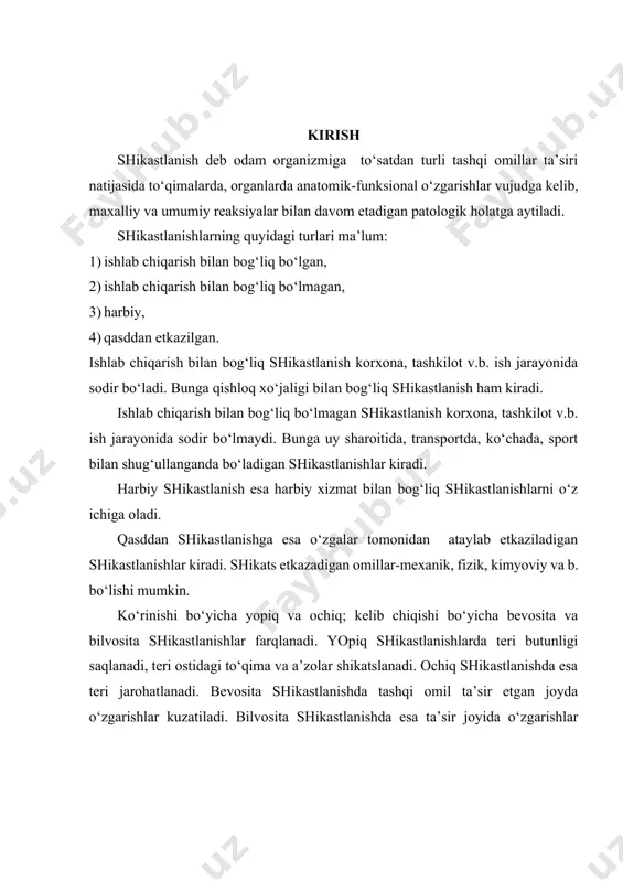 shlar bo‘lmay, boshqa joylarda o‘zgarish kuzatiladi. shikatslovchi omil bir marta yoki uzoq vaqt atsa-sekin ta’sir etishi mumkin (o‘tkir va surunkali shikastlanishlar). shikastlanishlarning maxalliy belgilariga og‘riq, teri rangini va butunligini o‘zgarishi, shikastlangan a’zo faoliyatini buzilishi va b. kiradi. umumiy belgilarga xushdan ketish, shok, kollaps kiradi. i.bob. yumshoq to’qimalarning shikastlanishi 1.1.lat yeyish, klinik belgilari,davolash usullari turli favqulodda vaziyatlarda shikastlanganlarning ko’pchiligini yopiq shikastlanishlar tashkil qiladi. yopiq shikastlanishlarda teri va shilliq qavatlarning butunligi buzilmaydi. lekin zaralanish turli organ va to’qimalarga, yumshoq to’qimalarga, ko’krak va qorin bo’shlig’i organlariga, bosh miyaga, bo’g’imlarga, siydik tanosil organlariga tarqalishi va ularda lat yeyish, paylarning cho’zilishi va uzilishi, bo’g’imlarning chiqishi, yumshoq to’qimalarni tuproq, buzilgan binolar va inshootlarning bo’lak-lari bilan ezilishini vujudga keltiradi. lat yeyish - yopiq shikastlanish bo’lib, qattiq jismlar bilan urish yoki qattiq jismga urilish natijasida vujudga keladi va yumshoq to’qima-larni qorin va ko’krak bo’shliqdagi turli organlarni zararlanishi bilan xarakterlanadi. lat yeyish natijasida vujudga keladigan o’zgarishlar xarakteri va og’ir …