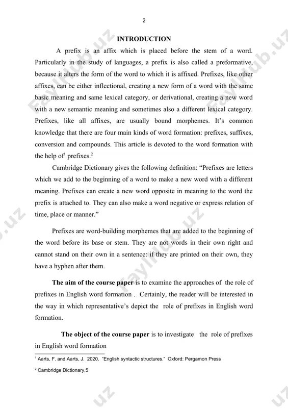 bout the role of prefixes in english word formation; · tо аnаlyzе role оf the role of prefixes in english word formation methods of corse paper: analytical, comparative thе cоursе pаpеr includеs: intrоductiоn, main body, two chаptеrs, cоnclusiоn, rezyume, аnd а list оf usеd litеrаturе. chapter i. literature review and methods of the role of prefixes in english word formation 1.1. literature review of the role of prefixes in english word formation prefixes are added to the beginning of an existing word in order to create a new word with a different meaning. for example: space – cyberspace. some prefixes are part of our living language and people regularly use them to create new words for modern products, concepts, or situations: biosecurity, multimedia. [footnoteref:3] [3: adams, v. 2020. “an introduction to modern english word formation.” harlow. longman. ] email is an example of a word that was itself formed from …