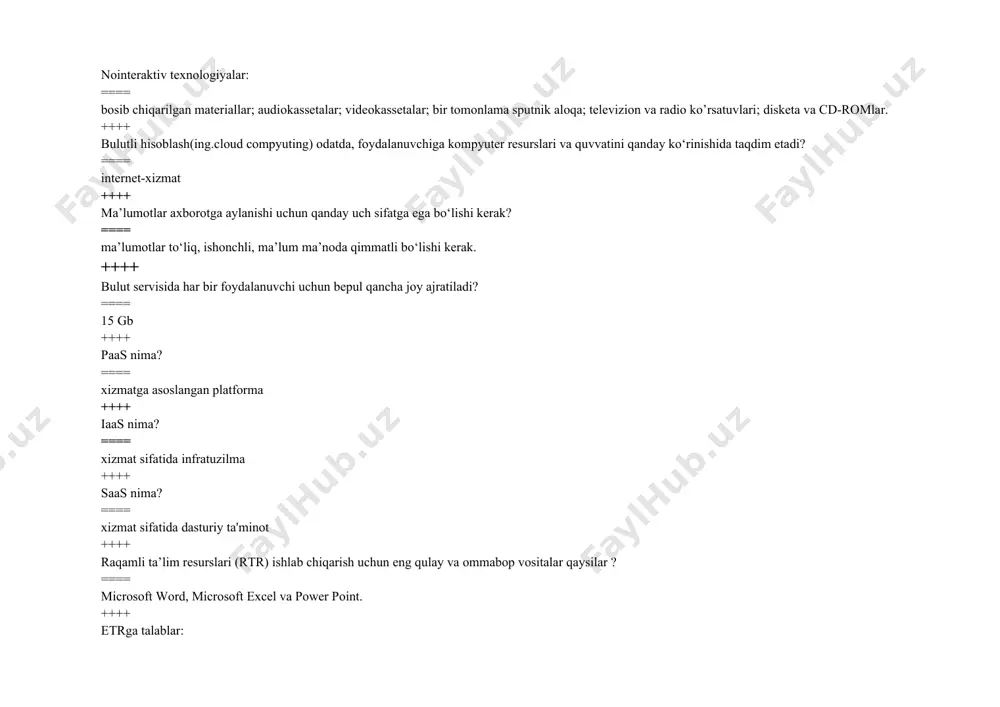 silar ? ==== microsoft word, microsoft excel va power point. ++++ etrga talablar: ==== didaktik, maxsus, metodik ++++ dars mazmunini yoritilishida matn ……... izohlanadi ==== mavzuni gapirish, bayon qilish, fikr yuritish bilan ++++ ta’limni axborotlashtirish…… ==== yangi axborot texnologiyalarini ta’lim tizimiga olib kirish ==== ++++ youtube – bu …. ==== foydalanuvchilarga video yuklash, tomosha qilish va boshqa videolarga izoh berish orqali o'zaro aloqada bo'lishga yordam beradigan ijtimoiy tarmoq ++++ mooc nima ? ==== ommaviy ochiq onlayn kurslar ++++ moocni taqdim etuvchi tizimni ko`rsating. ==== coursera, edx, khan academy ++++ virtual borliq modelini asosiy xususiyati – bu … ==== foydalanuvchining aniq harakat qila olishi, virtual 3 o`lchovli muhit bilan muomala qilish qobiliyati ++++ monitorda rang hosil qilishda qanday ranglardan foydalaniladi? ==== qizil, ko`k, yashil ==== ++++ stenford universiteti informatika professorlari endro in va dafna koller tomonidan asos solingan “ommaviy ochiq – ta’lim sohasidagi” loyiha qanday nomlanadi? ==== coursera ++++ mooc kurslarini …