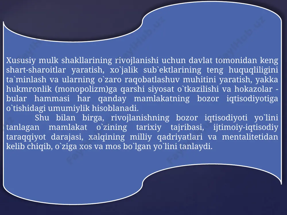 fkura. 1-jild. t.: “o`zbekiston”, 1996. 4.karimov i.a. o`zbekiston xxi asr bo`sag`asida: xavfsizlikka tahdid, barqarorlik shartlari va taraqqiyot kafolatlari. t.: “o`zbekiston”, 1997. 5.karimov i.a. o`zbekiston - bozor munosabatlariga o`tishning o`ziga xos yo`li. t.: “o`zbekiston”, 1993. 6.amaliy iqtisodiyot (o`quv qo`llanmasi). tarjimonlar i.fozilov va boshqalar. t.: “sharq”, 1996. 7.butikov i. qimmatli qog`ozlar bozori. t.: “konsauditinform”, 2001. 8.doklad o chelovecheskom razvitii. t. “o`zbekiston”,1993. 9.kurs ekonomiki(uchebnik). m.: “infra-m”, 2000. 10.rasulov m. bozor iqtisodiyoti asoslari. t.: “o`zbekiston”, 1999. www.arxiv.uz