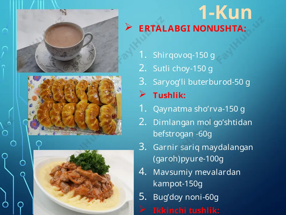 ushlik: borsh-150g shavla-180g shakarob salat-45g mavsumiy mevalardan kompot-150g bug’doy noni-60g ikkinchi tushlik: mayizli keks-60g kefir-150g 8-kun ertalabgi nonushta: manniy yormasidan bo’tqa-150g asal choy-150g pishloqli buterburod-50g tushlik: manpar-150g go’shtdan tayyorlangan tiftel-50g garner qaynatilgan grechka yormasi-100g quruq mevalardan kompot-150g bug’doy noni-50g ikkinchi tushlik: olmali qatlamali pishiriq-75g choy-150g 9-kun ertalabgi nonushta: suli yormasidan bo’tqa-150g sutli kakao-150g saryog’li buterburod-50g tushlik: tovuq go’shtidan ugrali sho’rva-150g baliq go’shtidan bitochki-50g kartoshka pyuresi-130g vitaminli salat-45g mavsumiy mevalardan kompot-150g bug’doy noni-60g ikkinchi tushlik: qo’lbola xonaki somsa-65g mavsumiy meva-150g choy-150g 10-kun ertalabgi nonushta: grechka yormasidan bo’tqa-180g sutli choy-150g pishloqli buterburod-50g tushlik: goroh sho’rva-150g mol go’shtidan gulyash-50g dimlangan sabzavotlar-100g quruq mevalardan kompot-150g bug’doy noni-60g ikkinchi tushlik: yong’oq va mayizli rogalik-70g kefir-150g e’tiboringiz uchun rahmat! image2.png image3.jpeg image4.jpeg image5.jpeg image6.jpeg image7.jpeg image8.jpeg image9.jpeg image10.jpeg image11.jpeg image12.jpeg image13.jpeg image14.jpeg image15.jpeg image16.jpeg image17.jpeg image18.jpeg image19.jpeg image20.jpeg image21.png image22.jpeg cutlets with salad leaves /docprops/thumbnail.jpeg