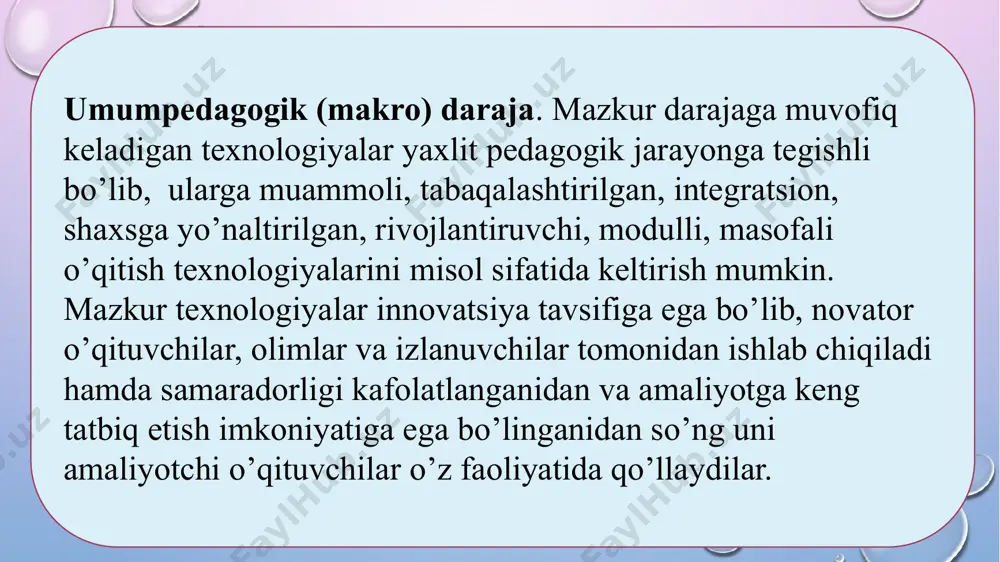 doni, issiqxona, geografik maydonlarda amalga oshiriladi. mashq – aqliy yoki amaliy (jismoniy) harakatlarni bajarish ko’nikmalarini egallash yo’lidagi ko’p marta takrorlanishlar bo’lib, mashqsiz ko’nikma hamda malakalarni shakllantirish mumkin emas. laboratoriya ishlari o’quvchilarning jihoz, maxsus uskuna, qurol hamda turli texnikaviy qoliplardan foydalangan holda tajribalarni o’tkazish metodlari bo’lib, ular ko’proq tabiiy fanlar asoslarini o’rganishda qo’llaniladi. didaktik o’yin o’rganilayotgan ob’yekt, hodisa va jarayonlarni modellashtirish asosida o’quvchining bilishga bo’lgan qiziqishi va faollik darajasini rag’batlantiruvchi o’quv faoliyati turi. ayni vaqtda o’yin ham ijtimoiy faoliyat ko’rinishi sanaladi. ta’lim vositalari. ta’lim metodlari ta’lim vositalari bilan birgalikda qo’llaniladi. ta’lim vositalari – bu yangi bilimlarni o’zlashtirish uchun o’qituvchi va o’quvchilar tomonidan foydalaniladigan ob’yekt. didaktik vositalar deganda, o‘quv va ko‘rgazmali qo‘llanmalar, namoyishli qurilmalar, texnik vositalar tushuniladi. ta’lim vositalari o’zida o’quv-tarbiyaviy maqsadga erishish uchun zarur bo’lgan moddiy yoki ma’naviy qadriyatlarni aks ettiradi. odatda ular ta’lim metodlariga mos holatda foydalaniladi. biroq agar metodlar «qanday o’qitish» savoliga javob bersa, vositalar esa, «uning yordamida nimani …