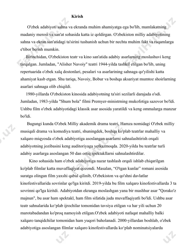 n", bu asar ham spektakl, ham film sifatida juda muvaffaqiyatli bo'ldi. ushbu asar teatr sahnalarida koʻplab ijrochilar tomonidan tavsiya etilgan va har yili uchun 20 marotabadandan ko'proq namoyish etilgan.o'zbek adabiyoti nafaqat mahalliy balki xalqaro tanqidchilar tomonidan ham yuqori baholanadi. 2000-yillardan boshlab, o'zbek adabiyotiga asoslangan filmlar xalqaro kinofestivallarda koʻplab nominatsiyalarda qatnashib, eng yaxshi ssenariy va aktyorlik ijrosi uchun mukofotlarga sazovor bo'lgan. jumladan, 2009-yilda "go'ro'g'li" festivali doirasida adabiyotga asoslangan filmlar tanlovida ishtirok etgan va mukofotlar qozongan. bugungi kunda o'zbek adabiyoti va sahna san'ati o'zbekistonda faol rivojlantirilib, bu jarayonda milliy drama teatri va milliy akademik drama teatrining sahnalari ochiq muloqot maydoniga aylanib, adabiyot mutaxassislari, ijodkorlar va tomoshabinlar uchun yangi ijodiy loyihalarni amalga oshirish imkonini yaratib beradi. bu qismda har yili 100 dan ortiq yangi sahna ijodiy asarlari qo'yiladi. social media va raqamli platformalar orqali o'zbek adabiyotiga asoslangan kontentlar, jumladan, qisqa metrajli filmlar va seriallar keng auditoriyaga taqdim etilib, 2021-yilda 5 milliondan ortiq ko'rishlarga …
