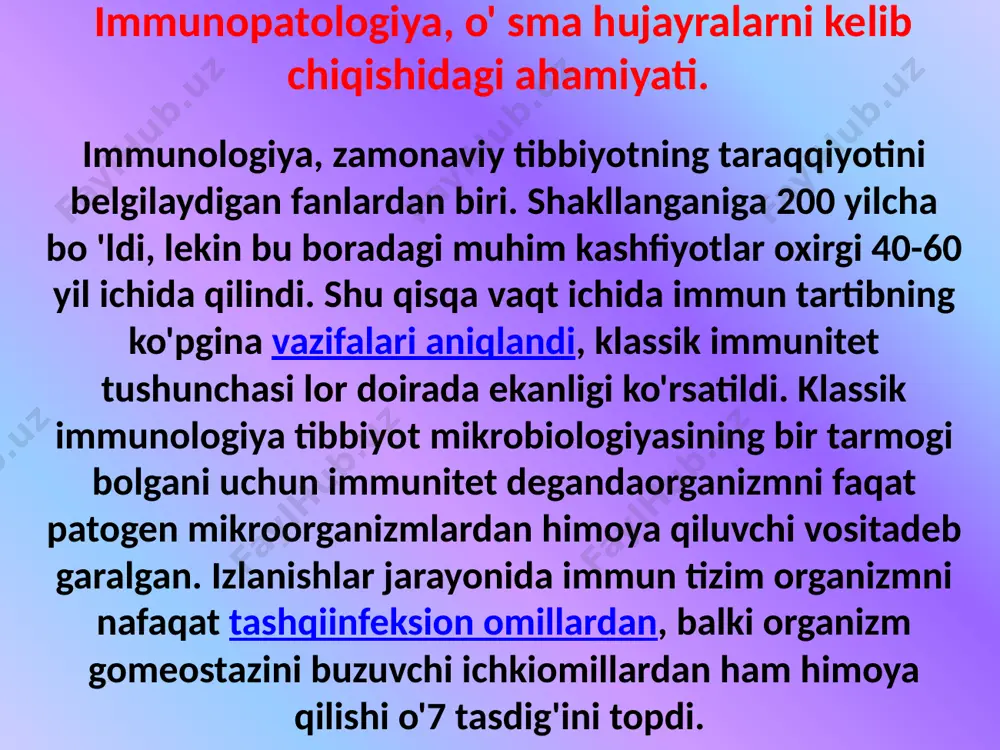 subletal zararlanishlar deb, bevosita o‘zi hujayrani o‘limiga olib kelmaydigan, ammo qayta nurlanishlarda uning inaktivatsiyasini (safdan chiqishini) osonlashtiruvchi o‘zgarishlarga aytiladi. misol, nurlanish natijasida dnk - bir ipining uzilishi hujayrani o‘limga olib kelmaydi ammo qayta nurlanishlarda shu uzilish qarshisida ikkinchi ipning uzilishi, xromosoma abberatsiyasi va letal effekt chaqirishi mumkin. hulosa: foydalanilgan adabiyotlar ro’yxati: mikrabiologiya imminalogiya virusologiya. muhammedov i mikrabiologiya laboryatoriya mashg’ulotlari. aliyev mikrabiologiya imminalogiya virusologiya fayziyev.ya e’tiboringiz uchun raxmat! image1.jpeg image2.png image3.jpeg image4.jpeg image5.png image6.png image7.png image8.png image9.png image10.png image11.png image12.png image13.jpeg