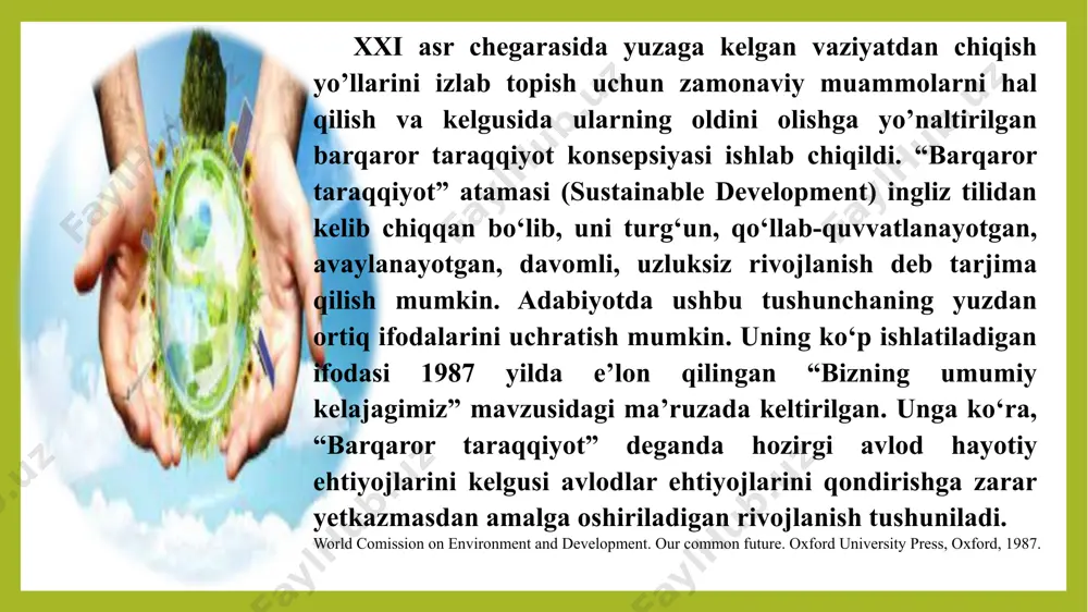 shuningdek, boshqa tabiiy resurslar – yerning asosiy boyliklari haqida ma’lumotlar keltirilgan. о‘rta osiyo xalqlari ijtimoiy-falsafiy fikrining eng yirik va mashhur vakillaridan abu nasr forobiyning (870-910) ilmiy-falsafiy merosi nihoyatda boy. uning asarlarida tabiatshunoslik ilmi, ilmiy-amaliy faoliyat va hunarmandchilik masalalari yoritilgan. forobiyning “insoniyatning boshlanishi haqidagi kitob”, “hayvon a’zolari tо‘g‘risida kitob” nomli asarlarida, shuningdek, “odam a’zolarining tuzilishi” kabi asarlarida odam va hayvonlar ayrim a’zolarining tuzilishi, xususiyatlari va vazifalari, ularning о‘xshashligi va farqlari haqida keltirilgan. forobiy tabiiy va inson qо‘li bilan yaratiladigan sun’iy narsalarni ajratgan. u tabiiy narsalar tabiat tomonidan yaratilgan, degan xulosaga keladi. inson omilining katta ekanligini, tabiiy va sun’iy tanlash hamda tabiatga kо‘rsatiladigan boshqa ta’sirlarni atroflicha baholagan. abu rayhon beruniy (973-1048) koinotdagi hodisalarni taraqqiyot qonunlari va narsa-hodisalarning о‘zaro ta’siri bilan tushuntirishga urinadi. olim yerdagi ba’zi hodisalarni quyoshning ta’siri bilan izohlaydi. inson tabiat qoidalariga rioya qilgan holda borliqni ilmiy ravishda tо‘g‘ri о‘rgana oladi. beruniy fikricha, yerdagi о‘simlik va hayvonlarning yashashi uchun zarur imkoniyatlar …