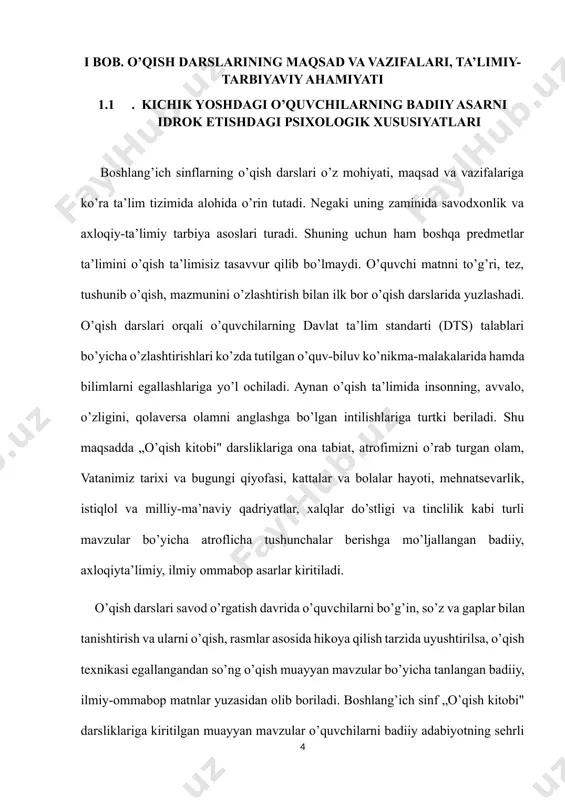 bo’lib, 2-sinf „o ‘qish kitobi“dagi „ona uurtim-oltin beshigim" bo’limiga kiritilgan, “o’zbekistonim” {h. imonberdiyev), “istiqlol” (j.jabborov), “o’lka” (e.vohidov), “yur tog’larga“ (u .nosir), 3-sinfda “ona bitta, vatan yagona” bo’limidagi “vatan haqida she’r” (a.avloniy), “o’zbegim” (e.vohidov), “vatan mo’tabardir” (x .davron), “bilib qo’yki, seni vatan kutadi” (t. malik), 4-sinfda “o’zbrkiston — vatanim manim” bo’limidagi “serquyosh o’lka” (z. diyor), „iqboli buyuksan“ (a. oripov), „toshkentnoma" (m .shayxzoda), ,,xarira“ (n .norqobil) kabi asarlar misolida atroflicha tahlilga tortiladi. ijtimoiy-tarixiy mazmundagi mavzular vatanimiz o’tmoshini, xalqimiz hayoti, mardonavor kurashi, ulug’ siymolar tomonidan amalga oshirilgan ishlar, tarixiy sanalar to’g’risida muayyan tasavvur beradi. beruniy, amir temur, alisher navoiy, bobur va boshqa ajdodlarimiz haqidagi matnlar shular jumlasidandir. bu xildagi asarlar o’quvchilarni faqat o’tmishimiz bilan tanishtirib qolmasdan, vatan oldidagi farzandlik burchi va mas’uliyatini teran anglashga ham yordam beradi. ularda vatanga muhabbat tuyg’usi shu tariqa shakllanadi. vatanimiz o’tmishi haqida hikoya qilingan asarlar bilan tanishish va ularni tahlil qilish jarayonida o’quvchilar o’tmish bilan bugungi kunni taqqoslash …