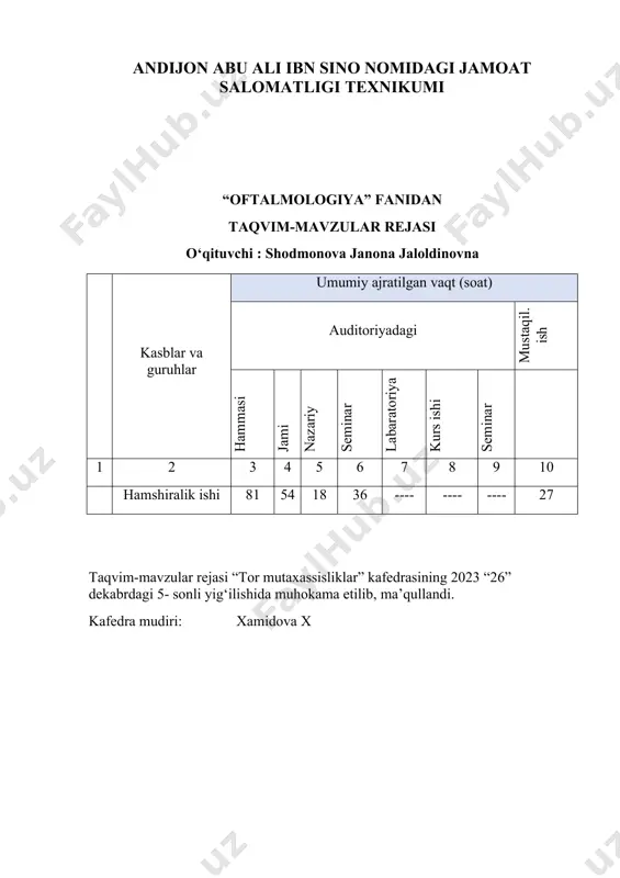 ntirish markazi oliy ta’lim, fan va innovatsiyalar vazirligi andijon viloyati boshqarmasi andijon abu ali ibn sino nomidagi jamoat salomatligi texnikumi «oftalmologiya» fanidan ta’lim texnologiyalar to‘plami (nazariy o‘quv mashg‘uloti uchun) mavzu 1: oftalmologiyaning qisqacha tarixi va uning maqsadi. ko‘ruv organi anatomiyasi. o‘quv mashg‘ulotining o‘qitish texnologiyasi modeli vaqt: 80 daqiqa o‘quvchilar soni: 30 nafar o‘quv mashg‘ulotining shakli va turi ma’ruza, nazariy bilimlarni egallash bo‘yicha o‘quv mashg‘uloti. o‘quv mashg‘uloti rejasi: 1. oftalmologiya fani haqida tushuncha va uning tibbiyot fanlari orasidagi o‘rni. 2. oftalmologiya fanining qisqacha rivojlanish tarixi. 3. ko‘ruv organi anatomiyasi. ko‘ruv funksiyalari. o‘quv mashg‘uloti maqsadi: oftalmologiyaning qisqacha tarixi va uning maqsadi. ko‘ruv organi anatomiyasi bo‘yicha bilim va ko‘nikmalarni shakllantirish. o‘qitish natijasi: oftalmologiyaning qisqacha tarixi va uning maqsadi. ko‘ruv organi anatomiyasi mavzusi bo‘yicha bilim va ko‘nikmalar shakllanadi. pedagogik vazifalar: o‘quv faoliyati natijalari 1. oftalmologiya fani haqida tushuncha va uning tibbiyot fanlari orasidagi o‘rni haqida tushuntirish; 2. oftalmologiya fanining qisqacha rivojlanish tarixi haqida tushuntirish. …