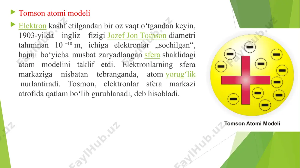 atomdagi turli energetik holatlardagi energiyalar farqi. atomning birinchi miqdoriy nazariyasini 1913-yilda daniya fizigi nils bor ishlab chiqdi. bu eng oddiy atom — vodorod atomining nazariyasi edi. nils bor rezerford tajribalarining natijalaridan va oʻsha vaqtlarda maʼlum boʻlgan atomlar vodorodning spektri haqidagi maʼlumotlardan foydalandi. u vodorod atomini quyidagi koʻrinishda tasavvur qildi: proton (atom yadrosi) atrofida aylanma orbita boʻlib elektron harakatlanadi. * atom – musbat zaryadlangan yadro va uning atrofida tinimsiz harakatlanuvchi elektronlardan tashkil topgan elektroneytral zarracha. atom tuzilishi + ē { atom n - elektron, manfiy (-) zaryadli - neytron, zaryadsiz - proton (yadro zaryadi), musbat (+) zaryadli { yadro, nuklon p + atom (qadimgi yunoncha: atomos — boʻlinmas) — kimyoviy elementning barcha xossalarini oʻzida mujassamlashtirgan eng kichik zarrasi. dastlabki „boʻlinmas“ nomini olgan bu zarraning ichki tuzilishi anchagina murakkab. atom musbat zaryadlangan negiz (yadro) va yadro atrofida harakatlanuvchi elektronlardan tashkil topgan. atom elektronlarni tutib olib yoki berib, manfiy yoki musbat zaryadlangan ionlarga …