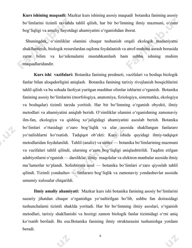 satish. tadqiqot ob’ekti: kurs ishida quyidagi ilmiy-tadqiqot metodlaridan foydalanildi. tahlil (analiz) va sintez — botanika bo‘limlarining mazmuni va vazifalari tahlil qilindi, ularning o‘zaro bog‘liqligi aniqlashtirildi. taqdim etilgan adabiyotlarni o‘rganish — darsliklar, ilmiy maqolalar va elektron manbalar asosida ilmiy ma’lumotlar to‘plandi. solishtirma usul — botanika bo‘limlari o‘zaro qiyoslab tahlil qilindi. tizimli yondashuv — fanlararo bog‘liqlik va zamonaviy yondashuvlar asosida umumiy xulosalar chiqarildi. ilmiy amaliy ahamiyati: mazkur kurs ishi botanika fanining asosiy bo‘limlarini nazariy jihatdan chuqur o‘rganishga yo‘naltirilgan bo‘lib, ushbu fan doirasidagi tushunchalarni tizimli shaklda yoritadi. har bir bo‘limning ilmiy asoslari, o‘rganish metodlari, tarixiy shakllanishi va hozirgi zamon biologik fanlar tizimidagi o‘rni aniq ko‘rsatib beriladi. bu esa:botanika fanining ilmiy strukturasini tushunishga yordam beradi. biologiyaning boshqa sohalari (genetika, ekologiya, biotexnologiya va boshqalar) bilan o‘zaro aloqadorligini ko‘rsatadi. talabalarga ilmiy tadqiqot olib borishda metodik asos bo‘lib xizmat qiladi. botanika bo‘limlarini o‘rganishda zamonaviy ilmiy yondashuvlarga tayanch yaratadi. kurs ishida yoritilgan bilimlar nafaqat nazariy, balki amaliy hayotda …