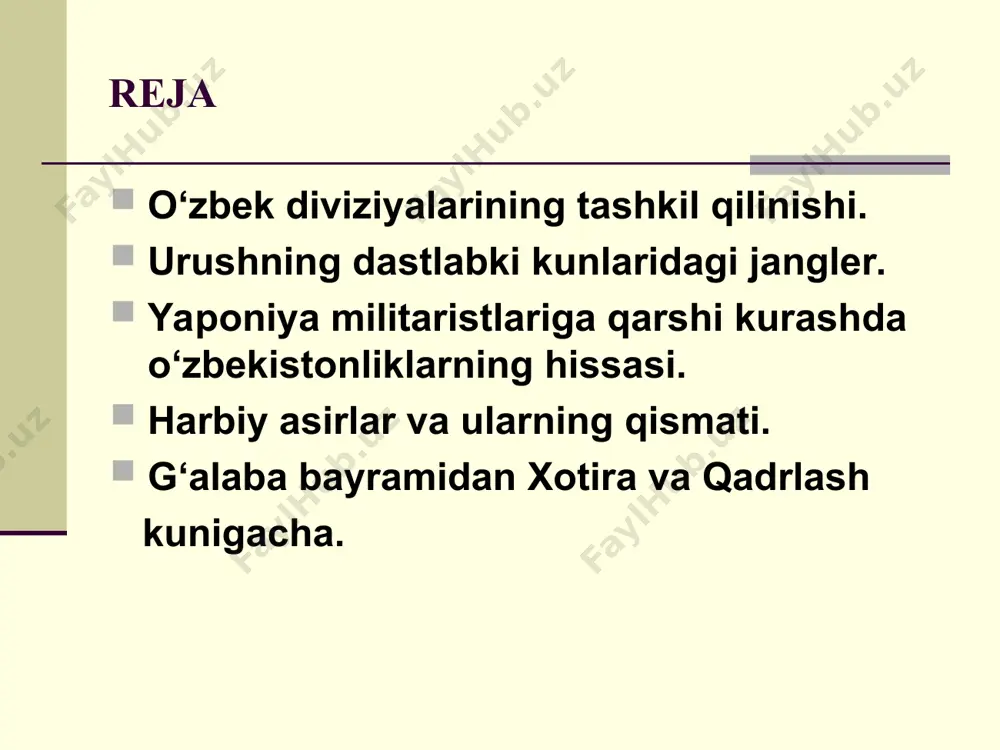 ali bilan mukofotlanganlar orasida o‘zbekiston jangchilaridan 1 753 kishi bo‘lgan. urushning dastlabki kunlaridagi janglar. 1942-yil 27-martda sssr oliy soveti prezidiumining farmoni bilan 26 nafar ofitser va oddiy askarlarga sovet ittifoqi qahramoni yuksak unvoni berildi. ular safida birinchi o‘zbek qahramoni andijonlik qo‘chqor turdiyev ham bor edi. tub burilish va undan keyingi janglar. stalingrad jangi ikkinchi jahon urushida tub burilishni boshlab berdi. zebo g‘aniyeva kavkaz uchun bo‘lgan janglarda toshkentda tuzilgan sobir rahimov qo‘mondonligidagi diviziya 3 oy davom etgan janglarda dushmanning 8 000 nafar askar va ofitserini qirib tashladi. gvardiyachi generalmayor s.rahimov 1945-yil 26-mart kuni polshadagi gdansk (dansig) shahrini shturm qilish vaqtida halok bo‘lgan. o‘zbek xalqining shonli farzandiga 1965yil 9-mayda sovet ittifoqi qahramoni unvoni berildi o‘zbekistonlik jangchilar 1943-yil yozida bo‘lgan kursk va oryol rayonidagi janglarda, dnepr daryosini kechib o‘tishda oldingi saflarda bo‘lishdi. dnepr uchun olib borilgan janglarda qahramonlik ko‘rsatgani uchun 26 nafar o‘zbek yigitiga sovet ittifoqi qahramoni unvoni berildi. ular safida buxorolik sharif …