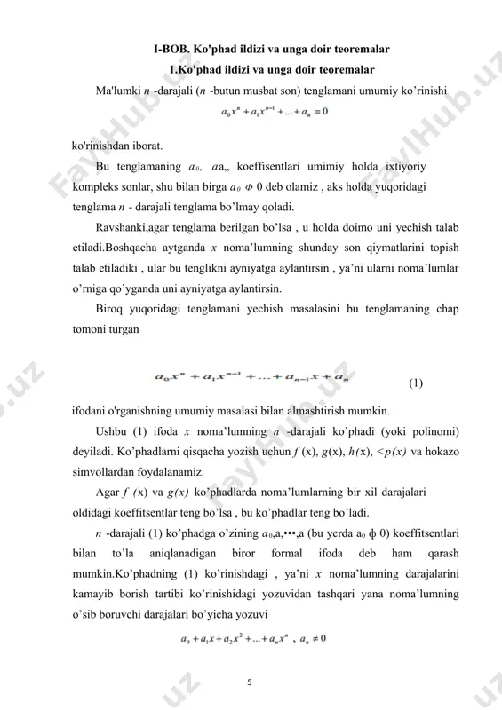 rajasidan kichik bo’lsin ,tengliklarni o’ng tomonlarini bir biriga tenglashtirib, natijada tenglik ni hosil qilamiz. bu tenglikning o’ng tomonining darajasi g(x) ning darajasidan kichik bo'lgan ko'phad, chap tomonda turgan ko'phadning darajasi esa q(x) - q1(x) ф 0 bo’lsa , u holda g(x) ning darajasidan katta yoki unga teng bo’lgan ko'phad turibdi.shu sababli q(x) - q (x) = 0 , ya’ni q( x) = q (x) bo’lishi lozim , bundan esa r( x) = r (x) kelib chiqadi. demak farazimiz noto’g’ri . teoremaning ikkinchi qismi isbotlandi. endi teoremaning birinchi qismini isbotlaymiz. f (x) va g(x) ko’phadlarning darajalari mos ravishda n va s bo’lsin. agar n s bo’lsin deb olaylik. ko’phadlar berilgan bo’lsin. deb olib , darajasi n dan kichik bo’lgan f (x) ko’phadni hosil qilamiz. hosil bo’lgan f (x) darajasini щ va yuqori hadi koeffitsentini al0 orqali belgilaymiz.agar hali ham щ > s bo’lsa , deb olamiz. f2 (x) ko’phadning darajasini n2 …