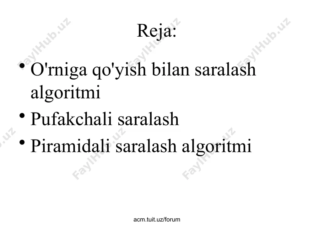 , j, c; int a[100]; cin>>n; for (i=0; i >a[i]; for (i = 0; i = i ; j --) if ( a[j] > a[j+1] ) { c = a[j]; a[j] = a[j+1]; a[j+1] = c; } } for (i = 0; i = 0; j --) if ( a[j] > a[j+1] ) { с = a[j]; a[j] = a[j+1]; a[j+1] = с; flag = 1; // флагни кўтариш } } while ( flag ); // flag = 0 бўлса чиқиш flag = 0; flag = 1; ( flag ); int flag; 2 1 4 3 1 2 3 4 қандай яхшилаш мумкин? ? acm.tuit.uz/forum 11 байроқчали пуфакча усули i = 0; do { flag = 0; // флагни ташлаш for ( j = n-2; j >= i ; j -- ) if ( a[j] > a[j+1] ) { с = a[j]; a[j] = a[j+1]; a[j+1] = с; flag = …