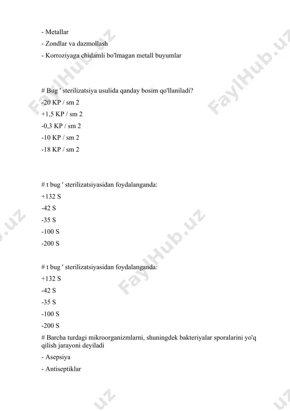 1l yuvish eritmasining tarkibi -100 ml vodorod peroksid + 10 g cmc va 1 litrgacha suv -220 ml vodorod peroksid + 15 g cmc va 1 litrgacha suv +160 ml vodorod peroksid + 5 g cmc va 1 litrgacha suv -20 ml vodorod peroksid + 61 g cmc va 1 litrgacha suv -2 ml vodorod peroksid + 1 g cmc va 1 litrgacha suv # dezinfeksiya turlari: - bir martalik + fokal va profilaktik - nam tozalash - bir nechta - quruq tozalash # sterilizatsiya-bu: - mikroorganizmlarning yaraga kirishiga yo'l qo'ymaslik - mikroorganizmlarni mi yuzasidan olib tashlash + vegetativ va spora hosil qiluvchi mikroorganizmlarni yo'q qilish - faqat patogen mikroblarni yo'q qilish - turli xil ifloslantiruvchi moddalar va dori qoldiqlarini olib tashlash # bug ' sterilizatsiyasi rejimlari: - bosim 1,1 atm. tezlik. = 120 gr. s-20 daqiqa + bosim 2 atm. tezlik. = 132 gr. s-20 daqiqa - bosim 1,1 …