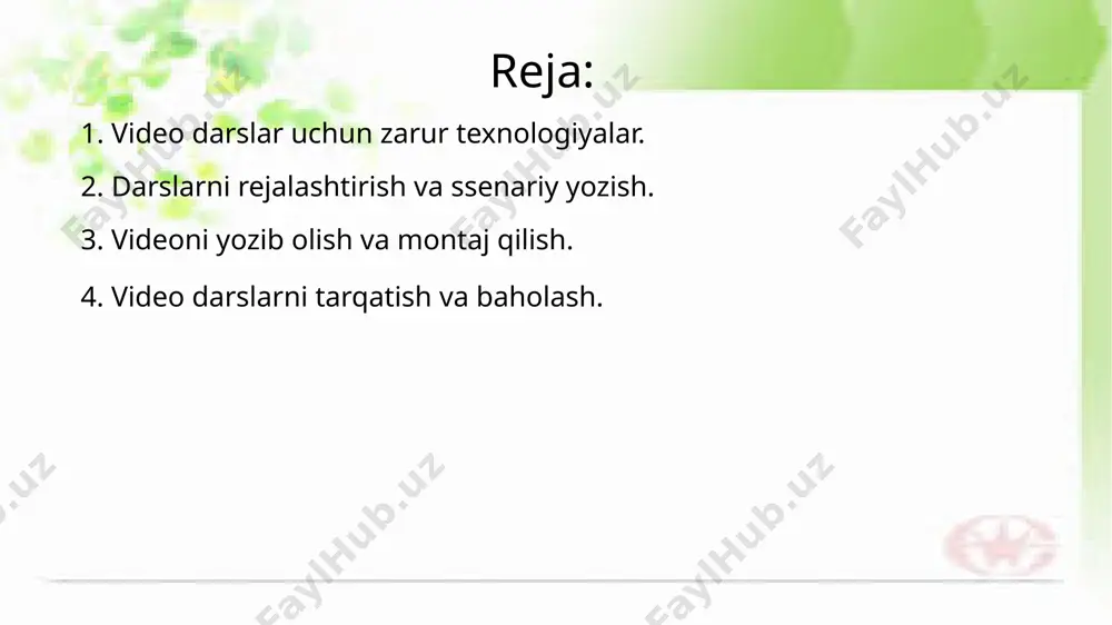 allar tayyorlashda powerpoint, canva va photoshopdan foydalanish foydali bo‘ladi. tayyor darslarni talabalarga yetkazish va ularning ishtirokini kuzatish uchun youtube, google classroom yoki udemy platformalaridan foydalanish tavsiya etiladi. 2. darslarni rejalashtirish va ssenariy yozish. darslarni rejalashtirish samarali video dars yaratishning muhim bosqichidir. avval mavzu va maqsad aniqlanadi, bu esa kontentning aniq va tushunarli bo‘lishiga yordam beradi. keyingi qadamda asosiy mazmun rejalashtirilib, darsning mantiqiy ketma-ketligi belgilanadi. ssenariy yozishda kirish qismi, asosiy tushuntirish jarayoni va yakuniy xulosa kabi bo‘limlar aniq tuziladi. o‘quvchilar uchun qiziqarli va interaktiv bo‘lishi uchun real misollar, animatsiyalar yoki savol-javob usullari qo‘llaniladi. yaxshi tuzilgan reja va ssenariy video darsning samaradorligini oshiradi va o‘quvchilarni mavzuni chuqurroq o‘zlashtirishga undaydi. darslarni rejalashtirish va ssenariy yozish jarayoni video darsning samaradorligini belgilaydi. avval mavzuni aniqlab, uning maqsadi va auditoriyasi belgilab olinadi. darsning asosiy qismi kichik bo‘limlarga bo‘linib, har bir bo‘lim uchun aniq tushuntirish usuli tanlanadi. ssenariy yozishda tabiiy va tushunarli til ishlatish, vizual materiallar va …