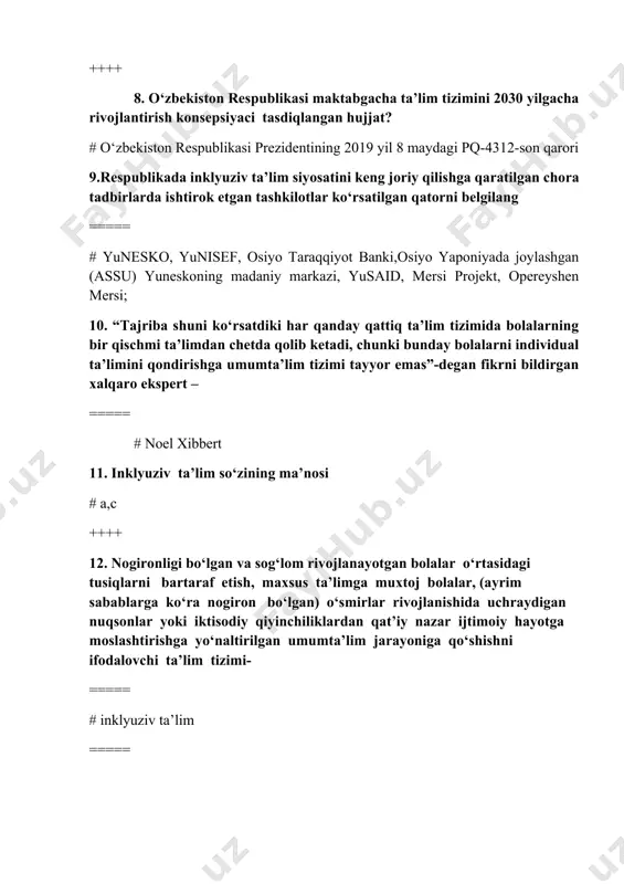 i har qanday qattiq ta’lim tizimida bolalarning bir qischmi ta’limdan chetda qolib ketadi, chunki bunday bolalarni individual ta’limini qondirishga umumta’lim tizimi tayyor emas”-degan fikrni bildirgan xalqaro ekspert – ===== # noel xibbert 11. inklyuziv ta’lim so‘zining ma’nosi # a,c ++++ 12. nogironligi bo‘lgan va sog‘lom rivojlanayotgan bolalar o‘rtasidagi tusiqlarni bartaraf etish, maxsus ta’limga muxtoj bolalar, (ayrim sabablarga ko‘ra nogiron bo‘lgan) o‘smirlar rivojlanishida uchraydigan nuqsonlar yoki iktisodiy qiyinchiliklardan qat’iy nazar ijtimoiy hayotga moslashtirishga yo‘naltirilgan umumta’lim jarayoniga qo‘shishni ifodalovchi ta’lim tizimi- ===== # inklyuziv ta’lim ===== 13.ta’lim olishda turli xil extiyojli bolalarni ta’lim olishini qo‘zlaydigan, yutuqlarga erishishiga yordam beradigan hamda yaxshi xayot qurishiga imkon yaratadigan ta’lim- # inklyuziv ta’lim ==== 14.ijtimoiy kelib chiqishi, oilasining jamiyatda tutgan o‘rni, mavqei, moddiy va ma’naviy axvoli, jismoniy yoki ruhiy rivojlanishida kamchiligi bo‘lishidan qatiy nazar barcha bolalarni teng ko‘rish, ulardagi har qanday imkoniyatni qadrlash, rivojlantirishni ko‘zda tutadigan ta’lim- # inklyuziv ta’lim 15.to‘g‘ri javobni belgilang ==== # inklyuziv …
