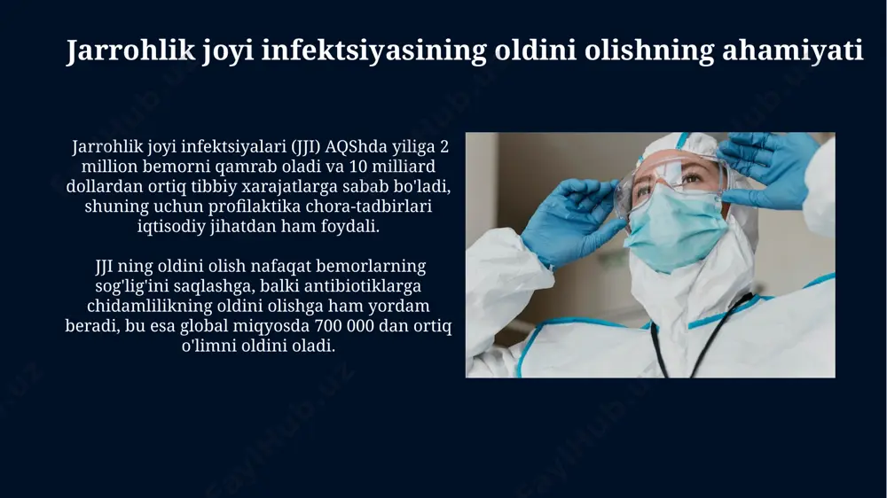 ini oshiradi. jarrohlikdan oldingi tayyorgarlikning ahamiyati to'g'ri bajarilgan jarrohlikdan oldingi tayyorgarlik, jumladan, og'iz gigienasi va ovqatlanish rejimi samarqand viloyati kasalxonalarida o'tkazilgan tadqiqotlarda jarrohlik joyi infektsiyalarining 15% gacha kamayishini ko'rsatdi. jarrohlikdan oldingi tayyorgarlikning muhim jihatlaridan biri bemorning terisini 70% izopropil spirti bilan dezinfeksiya qilish bo'lib, bu esa staphylococcus aureus kabi bakteriyalar sonini 99% ga kamaytiradi va shu bilan kasalxonada joylashgan joylarda infektsiyalarni oldini olishga yordam beradi. kasalxonadagi infektsiyalarni nazorat qilish dasturlari самарқанд вилоятидаги касалхоналарда амалга оширилаётган “бехатар жарроҳлик” дастури 30% гача жарроҳликдан кейинги инфекцияларнинг олдини олишга ёрдам берди, бу эса 500 дан ортиқ беморнинг соғлигини яхшилашга имкон берди. тошкент шаҳридаги 5 та йирик касалхонада ўтказилган тадқиқотлар 2022 йилда жарроҳлик аралашувларидан кейинги инфекцияларнинг 1,5% гача камайишини кўрсатди, бу антисептик воситаларнинг янги протоколини жорий этиш билан боғлиқ. muvaffaqiyatli infektsiya profilaktikasi misollari tokiodagi 500 to'shak joyli kasalxonada amalga oshirilgan standartlashtirilgan jarrohlik protseduralari va steril texnikalarni qat'iy qo'llash natijasida ssi darajasi 1% dan 0,5% gacha …