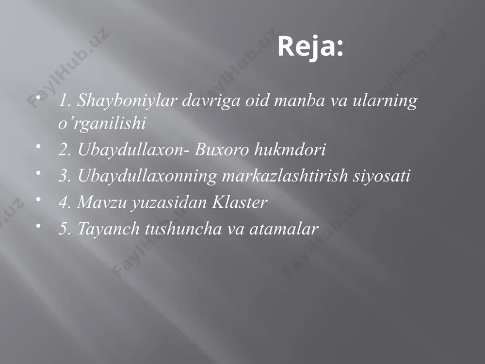 ozilgan. fazlulloh ibn roʻzbehxon muhammad shayboniy hayotining oxirgi 5—6 yilida u bilan birga yurib, unga hamrohlik qilgan, mashvaratlar va harbiy yurishlarning deyarli barchasida ishtirok etgan hamda koʻrgan-bilganlarini mazkur asariga kiritgan[1]. ubaydullaxon — oʻzbek hukmdori, shayboniylar sulolasi vakili, 1533–1540-yillarda buxoro xonligini boshqargan. shayboniyxon halok boʻlgach, uning oʻrniga amakisi koʻchkunchixon taxtga oʻtirdi. koʻchkinchixondan soʻng taxtga oʻgʻli abu said (1530–1533) oʻtirdi. undan keyin esa hukmdorlik shayboniyxonning ukasi mahmud sultonning oʻgʻli ubaydullaxon (1533–1540) qoʻliga oʻtdi. ubaydullaxon 1533-1540 abdulazizxon15301533 ko’chkunchixon1510-30 shayboniyxon 1500-1510 ubaydullaxon buxoro xoni ubaydullaxon — oʻzbek hukmdori, shayboniylar sulolasi vakili, 1533–1540-yillarda buxoro xonligini boshqargan. shayboniyxon halok boʻlgach, uning oʻrniga amakisi koʻchkunchixon taxtga oʻtirdi. koʻchkinchixondan soʻng taxtga oʻgʻli abu said (1530–1533) oʻtirdi. undan keyin esa hukmdorlik shayboniyxonning ukasi mahmud sultonning oʻgʻli ubaydullaxon (1533–1540) qoʻliga oʻtdi u turkiy tilda qur’onga sharh yozgan. u buxoroda miniatyurada o’ziga xos buxoro uslubi yaratilgan birinchi haqiqiy kitobxonaning asoschisi hisoblanadi. ubaydullaxon vorislari davrida ishlab chiqilgan va buxoro maktabi deb nomlangan. …