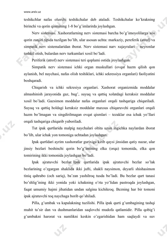ichakning o’rta yo’lidan pastroqda joylashgan, faqat umumiy hajmi jihatidan undan salgina kichikroq. bezning har bir tomoni ipak ajratuvchi toq naychaga borib qo’shiladi. pilla, g’umbak va kapalakning tuzilishi. pilla ipak qurti g’umbagining tashqi muhit ta’sir dan va dushmanlaridan saqlovchi mudofa qatlamidir. pilla qobig’i g’umbakni harorat va namlikni keskin o’zgarishidan ham saqlaydi va suv o’tkazmaydi. pillaning tashqi ko’rinishi turli hilda bo’lib, asosan rangi, shakli, katta-kichikligi va donadorligi bilan farq qiladi. ipak qurti pilla o’rash jarayoni tamom bo’lish vaqtiga kelib tanasi ikki barobar qisqaradi, bo’g’imlar oralig’i esa juda qisqarib, og’irligi ham ikki barobar kamayadi. bundan so’ng metomorfoz jarayoni boshlanadi. bu jarayonda ipak qurtining organizmida o’zgarish – katta tuzilish sodir bo’ladi va ipak qurtining tamomila farq qiladigan, unga mutlaqo o’xshamaydigan kapalak organizmi paydo bo’ladi. g’umbakning bosh tomoni yumaloqroq, gavda cho’zinchoqroq tuksimon, dastlabki davrda rangi och sariq bo’lib, keyinroq esa asta-sekin qora bo’lib qo’ngir to’q sariq rangga va nihoyat kapalakka aylanish oldidan to’q jigar rangga …
