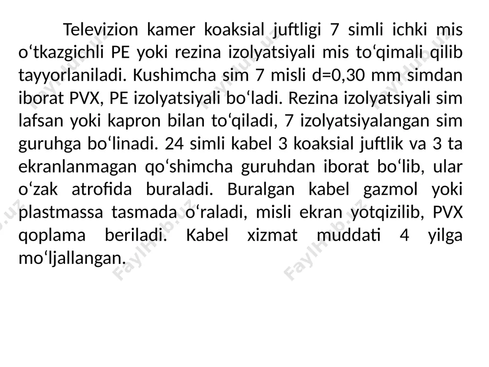 di yoki egib yotqizib yondosh qismlari payvandlanadi; elektr kimyoviy korroziyadan aluminiyni saqlash uchun pvx va pe shlanglari qoplanadi; po‘lat qobiq qalinligi 0,3 – 0,5 mmli tasmani naysimon holda tayyorlanib tutash qismlari payvandlanadi. uni korroziyadan himoyalash uchun pvx yoki pe shlangi yotkiziladi. plastmassali qobiq – pvx, pe poliizobutilen kompozitsiyasidan tayyorlanadi. aralash metallplastik – shakllangan aluminiy tasma ustidan shlang yotqiziladi; aluminiyli (qalinligi 0,13 – -0,2 mm) tasma va ruxlangan po‘lat tasma (0,2 mm qalinlikda) va pe dan iborat shlang yotqiziladi e’tiboringiz uchun raxmat!!! image1.png image2.png /docprops/thumbnail.jpeg