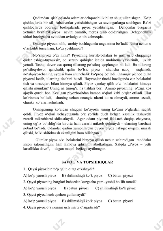 oyib quroli bor. kesilgan piyozboshdan kamon o‘qlari kabi o‘qlar otiladi. ular ko‘rinmas bo‘ladi, shuning uchun onangiz ularni ko‘ra olmaydi, ammo sezadi, chunki ko‘zlari achishadi. onangizning ko‘zidan chiqqan ko‘zyoshi uning ko‘zini o‘qlardan saqlab qoldi. piyoz o‘qlari uchayotganda o‘z yo‘lida duch kelgan kasallik tashuvchi zararli mikroblarni shikastlaydi. agar odam piyozni ikki-uch daqiqa chaynasa, uning og‘iz bo‘shlig‘ida birorta ham zararli mikrob qolmaydi – ularning barchasi nobud bo‘ladi. odamlar qadim zamonlardan buyon piyoz nafaqat ovqatni mazali qilishi, balki shifobaxsh ekanligini ham bilishgan. olimlar piyoz o‘z bolalarini himoya qilish uchun uchiradigan moddalar inson salomatligini ham himoya qilishini isbotlashgan. xalqda „piyoz – yetti kasallikka davo“, – degan maqol bejizga aytilmagan. savol va topshiriqlar 1. qaysi piyoz bir to‘p qalin o‘tga o‘xshaydi? a) ko‘p yarusli piyoz b) shilimshiqli ko‘k piyoz c) batun piyozi 2. qaysi piyozning barglari bahordan kuzgacha yam- yashil bo‘lib turadi? a) ko‘p yarusli piyoz b) batun piyozi c) shilimshiqli ko‘k piyoz 3. qaysi piyoz …