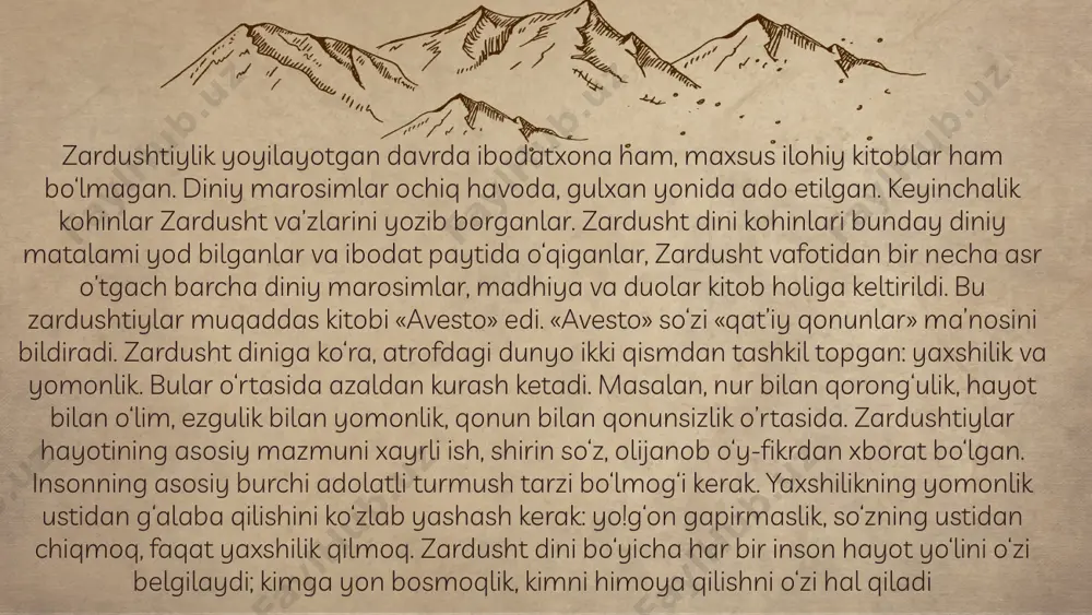 y holatda inson yaxshilik haqida o’ylamaydi, burch va adolat haqida unutadi va nojo’ya harakatlar qiladi. «avesto»dagi uchlikning haqiqiy manbalariga yondashiladigan bo’1sa, ular qadimgi zamon kishilarining axloqiy tasawurlariga batamom muvofiq bo’lib tushadi. fikr, so’z va ishning birligi ibtidoiy insonning ham ajralmas xislati edi. uning ong, axloq va boshqalar xususidagi tasawurlari o’zi mansub bo’lgan jamoa bilan uzviy bog’langan, jamoaning fikri uning ham fikri, jamoaning so’zlari uning ham so’zlari, jamoaning ishlari uning ham ishlari bo’lgan. ijtimoiy va shaxsiy manfaatlarning uyg’unligi-urug’chilik jamiyatining muhim belgisidir. jamoaning har qanday topshirig’ini bajarish uning a’zolari uchun mu-qaddas qonun edi. uning so’zi, fikri hamda ishi ezgu bo’lishi va ezgulikning tantanasi uchun xizmat qilishiga katta e’tibor beriladi. ushbu axloqiy uchlik g’oyasi eng qadimgi davrlardan boshlab kishilik jamiyati taraqqiyotining keyingi bosqichlarida yaratilgan barcha ma’rifiy asarlar mazmunining shakllanishiga asos bo’lgan. zero, unda insonning inson sifatida ma’naviy va moddiy jihatdan kamol topishi uchun zarur bo’lgan muayyan talablar o’z ifodasini topib, hayot kodeksi sifatida …