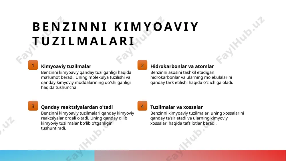 anadi. 3 xosilatlar soni bir litr benzinni ichidagi xosilatlar soni, ularning turiga va ishlab chiqarish usullariga bog'liq ravishda o'zgaradi. 4 xosilatlarning xavfi benzinni xosilatlari o'ziga xos oksidlanish shakllari va xavfi mavjud bo'lib, ularning ishlab chiqarishni ta'sir qiladi va energiya niqtasini belgilaydi. benzinni kimyoviy tarkibini o'rganish 1 kimyoviy tarkibning asosiy elementlari benzinni kimyoviy tarkibida asosiy ravishda karbon va hidrogen elementlari mavjud bo'ladi. ular yagona va'zifasi energetik jarayonlarni olib borishdir. 2 kimyoviy formulalarni o'rganish benzinning kimyoviy formulalari c8h18 bo'lib, bu molekulada sakkiz karbon atomi va o'n sakkiz hidrogen atomi mavjud. kimyoviy formulalar benzinni tushuntirishda yordam beradi. 3 kimyoviy reaktsiyalarni tushunish benzinni kimyoviy tarkibini o'rganishda, uning qanday sharoitda kimyoviy reaktsiyalarga kirishganligi hamda ularning mahsulotlarga o'zgarishlarini tushuntirish juda muhimdir. benzinni ishlab chiqarish texnologiyalari 1 texnologiyalarning rivojlanishi - benzinni ishlab chiqarish texnologiyalari sohasida rivojlanishlar, yangiliklar va innovatsiyalar ko'rsatilmoqda, yangi texnologiyalar ishlatilmoqda. 2 energiya samaradorligi - yangi texnologiyalar yordamida benzinni ishlab chiqarish jarayoni samaradorligi oshirilmoqda, energiya …