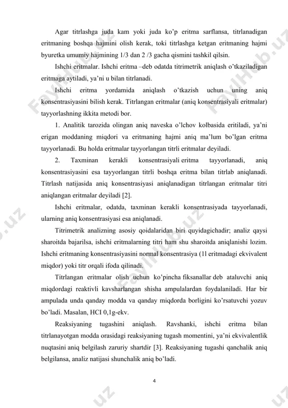 ozuv bo’ladi. masalan, hci 0,1g-ekv. reaksiyaning tugashini aniqlash. ravshanki, ishchi eritma bilan titrlanayotgan modda orasidagi reaksiyaning tugash momentini, ya’ni ekvivalentlik nuqtasini aniq belgilash zaruriy shartdir [3]. reaksiyaning tugashi qanchalik aniq belgilansa, analiz natijasi shunchalik aniq bo’ladi. reaksiya tugashini aniqlash uchun indikatorlar deb ataluvchi alohida reaktivlar qo’llaniladi. ko’pincha indikatorlarning ta’siri shunga olib keladiki, ular titrlanayotgan modda va ishchi eritma o’rtasidagi reaksiya oxirida ishchi eritmaning ozgina ortiqcha miqdori ishtirokida o’zgarishga uchraydi va eritma yoki cho’kmaning rangini o’zgartiradi. byuretkadan – ishchi eritmadan ma’lum miqdorda quyilganda titrlanayotgan eritma rangi sezilarli o’zgarsa, bunda titrlashning so’ngi nuqtasiga erishildi deyiladi. ko’pchilik hollarda indikator aniqlanayotgan modda eritmasiga qo’shiladi va titrlash indikator ishtirokida yuzaga chiqadi. bu ichki indikatorlardir. ayrim hollarda boshqacha yo’l tutiladi: titrlash mobaynida titrlanayotgan eritmadan kapillyar bilan bitta tomchidan olinib unga chinni plastinkada bir tomchi indikator qo’shiladi. shunday qilib, indikator bilan bo’ladigan reaksiya titrlanayotgan eritmadan tashqariga ketadi. bu holda ishlatiladigan indikatorlar tashqi indikatorlar deyiladi. har bir titrimetrik …